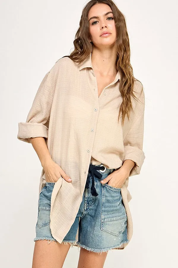 Light Beige Lightweight Sheer Button Down Blouse sold by Pinkblush