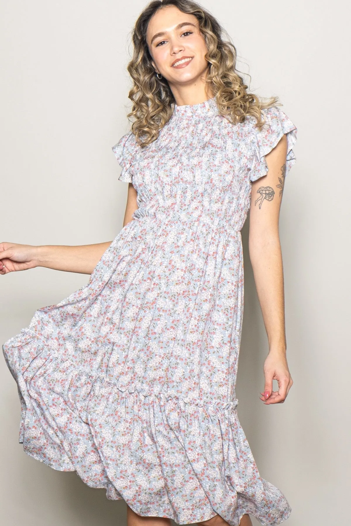 Light Blue Floral Mock Neck Smocked Ruffe Sleeve Midi Dress sold by Pinkblush product image thumbnail 2