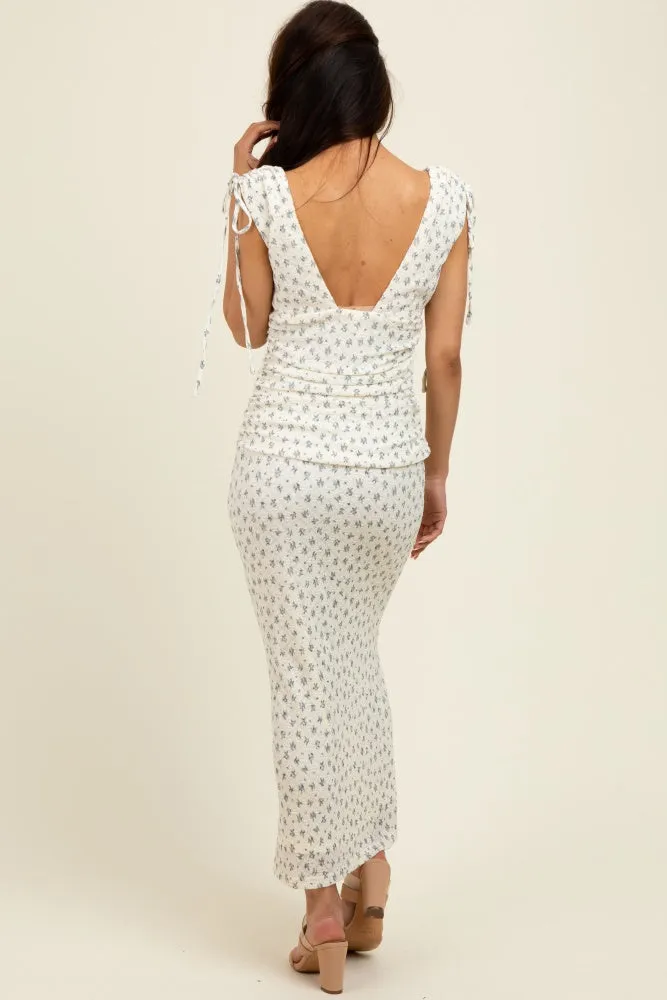 Cream Floral V-Neck Shoulder Tie Midi Dress sold by Pinkblush product image thumbnail 4