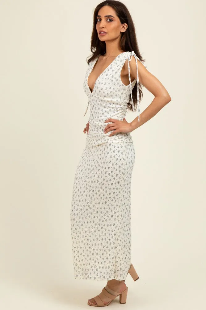 Cream Floral V-Neck Shoulder Tie Midi Dress sold by Pinkblush product image thumbnail 2