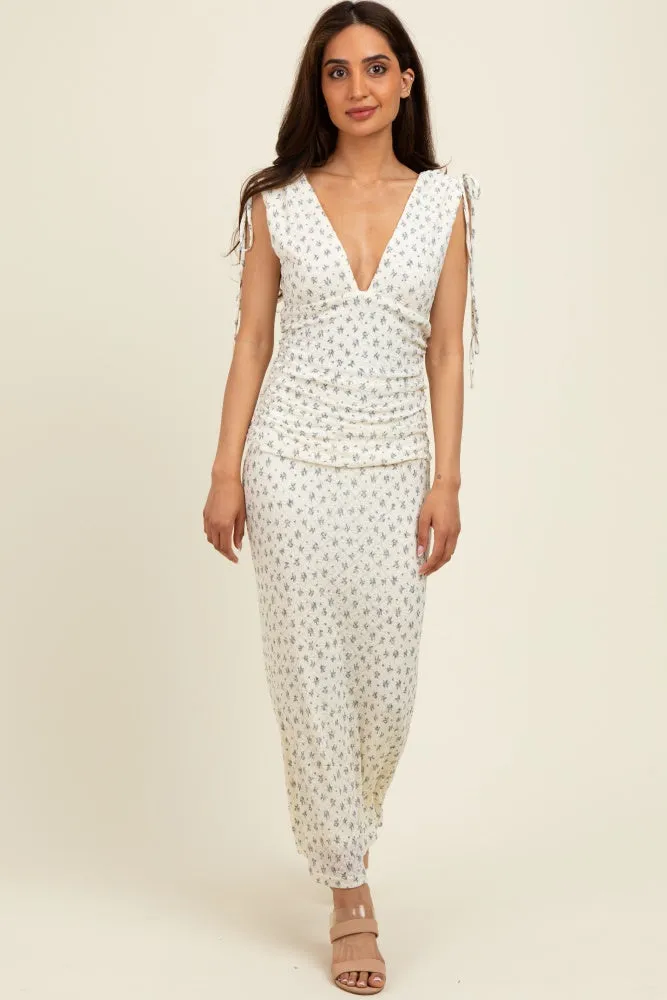 Cream Floral V-Neck Shoulder Tie Midi Dress sold by Pinkblush product image thumbnail 3