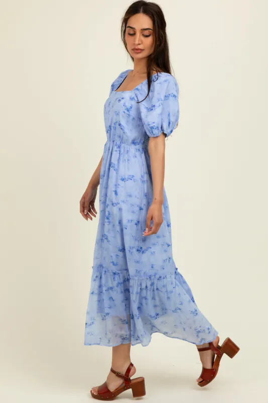 Blue Abstract Puff Sleeve Ruffle Detail Midi Dress sold by Pinkblush