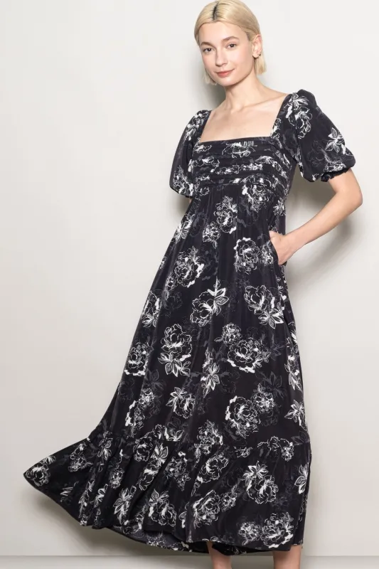Black Rose Print Pleated Bodice Maxi Dress sold by Pinkblush
