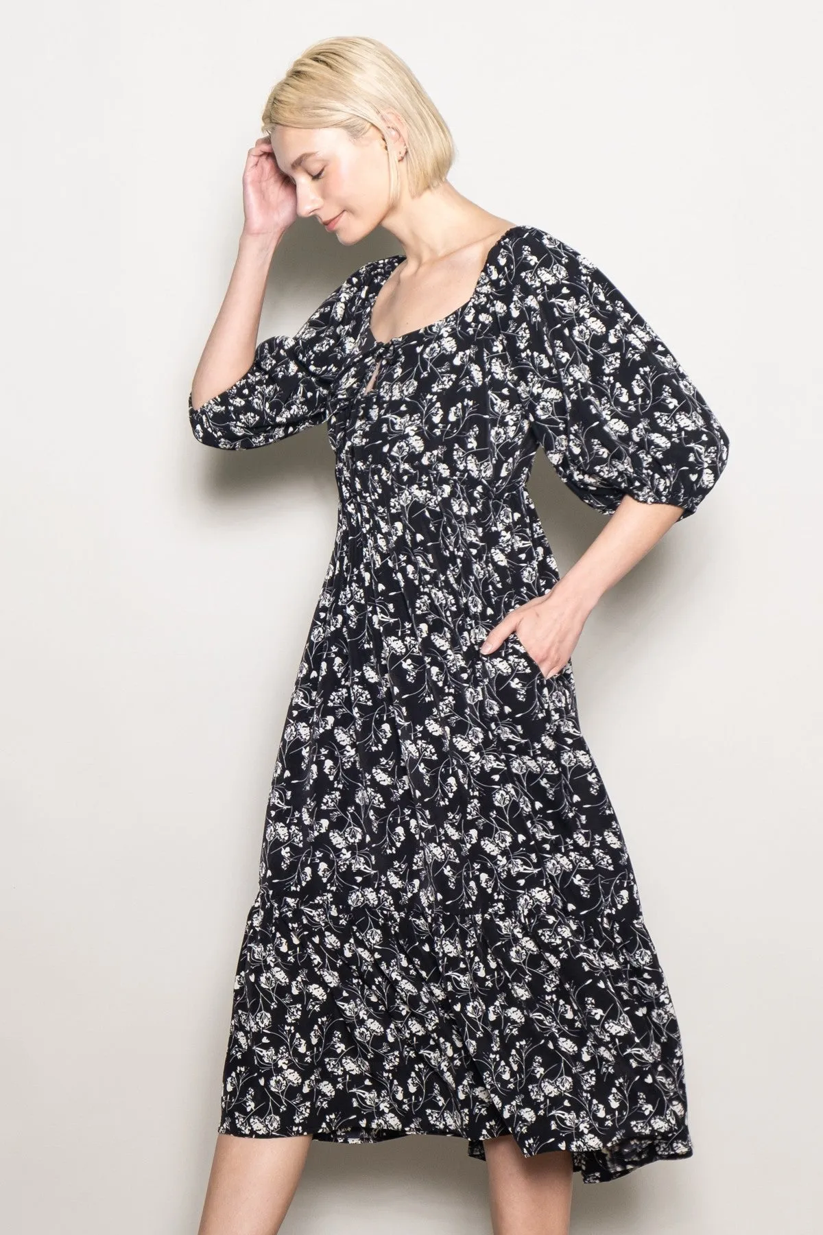 Black Floral Front Tie Puff Sleeve Midi Dress sold by Pinkblush product image thumbnail 3