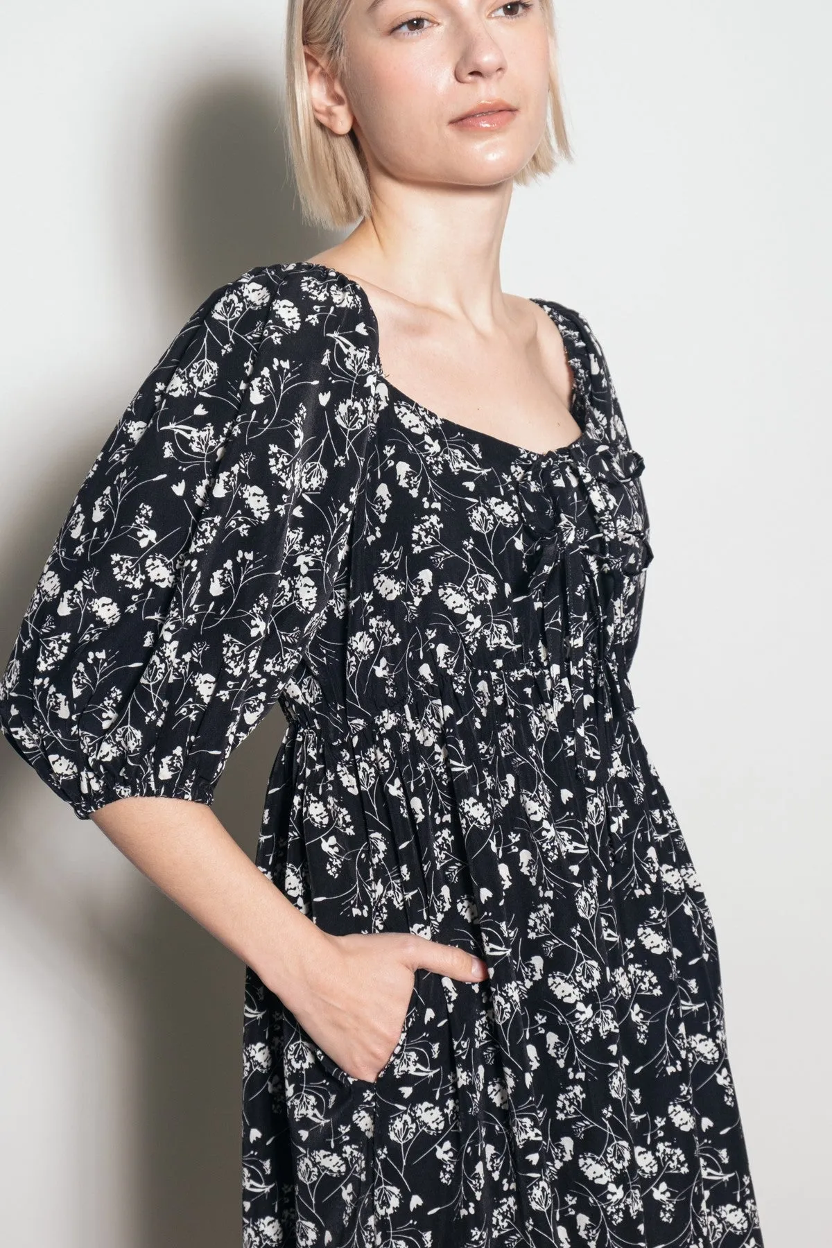 Black Floral Front Tie Puff Sleeve Midi Dress sold by Pinkblush product image thumbnail 4