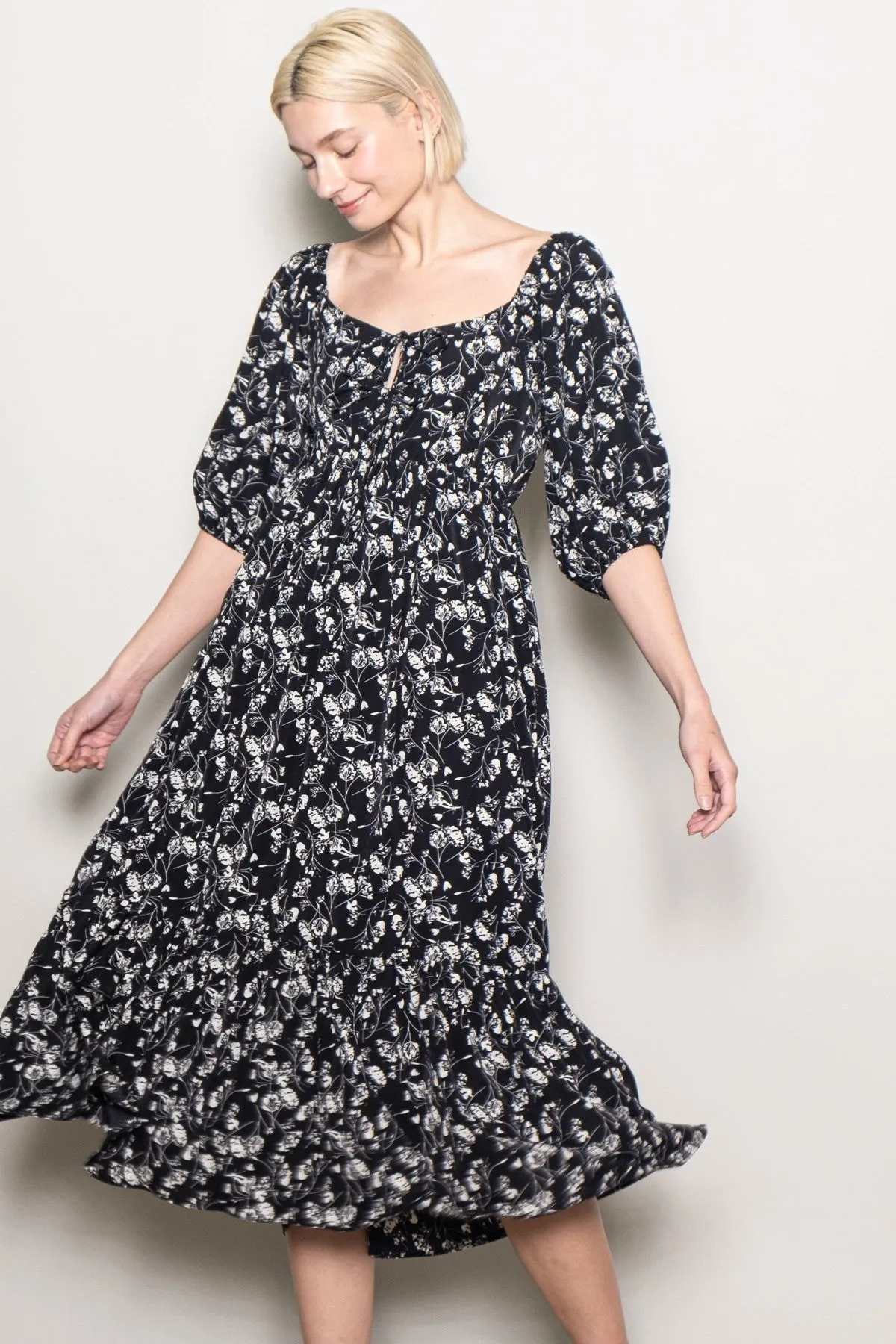 Black Floral Front Tie Puff Sleeve Midi Dress sold by Pinkblush