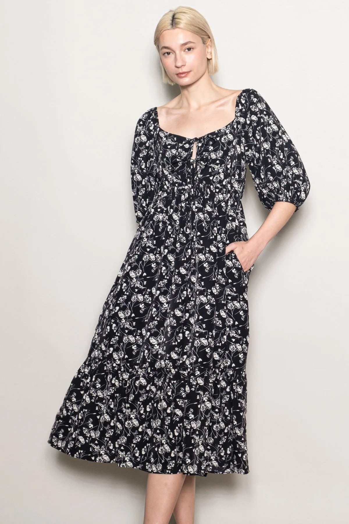 Black Floral Front Tie Puff Sleeve Midi Dress sold by Pinkblush product image thumbnail 2