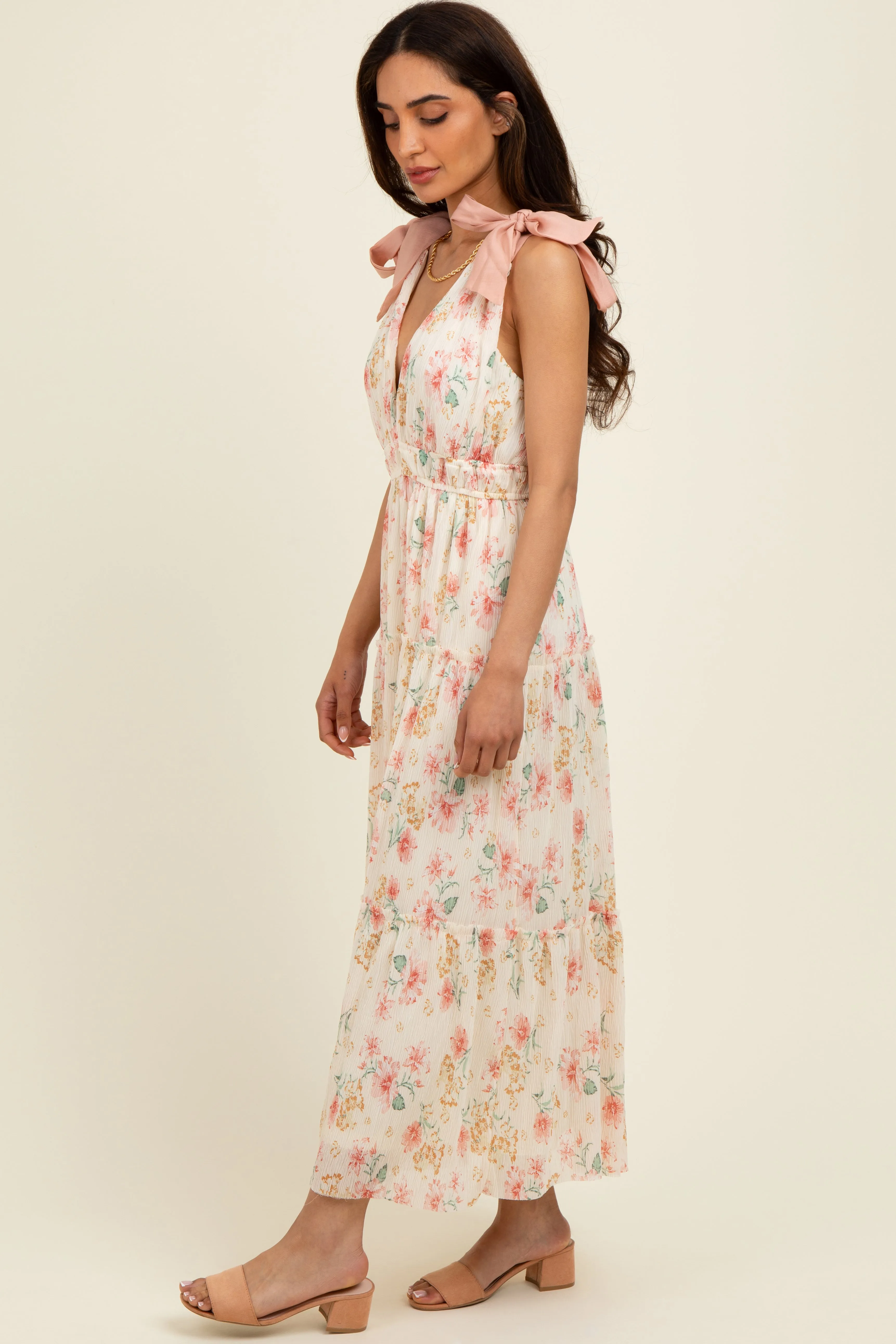 Cream Floral Shoulder Tie Deep V-Neck Tiered Maxi Dress sold by Pinkblush product image thumbnail 2