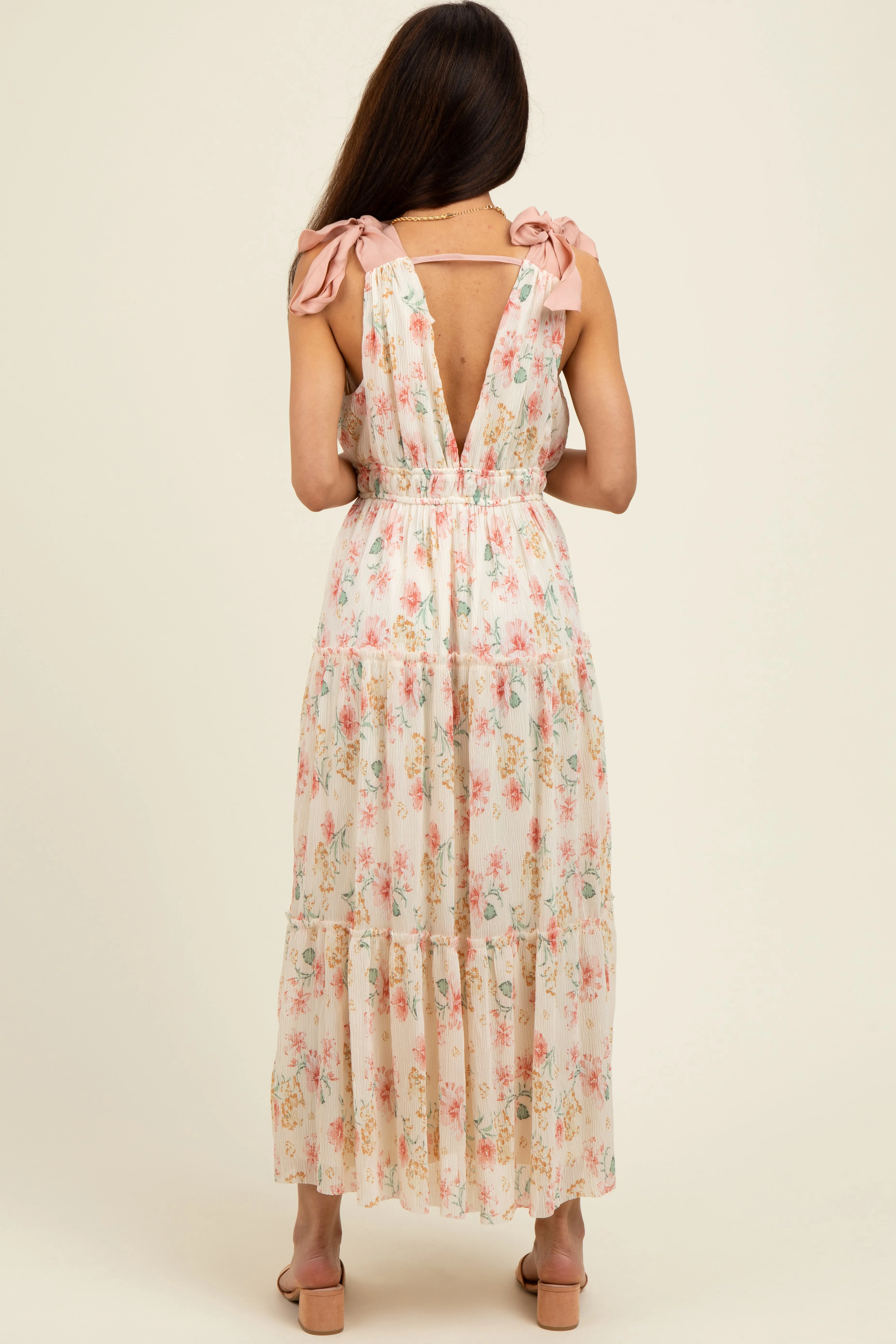 Cream Floral Shoulder Tie Deep V-Neck Tiered Maxi Dress sold by Pinkblush product image thumbnail 3