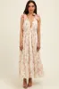 Cream Floral Shoulder Tie Deep V-Neck Tiered Maxi Dress sold by Pinkblush