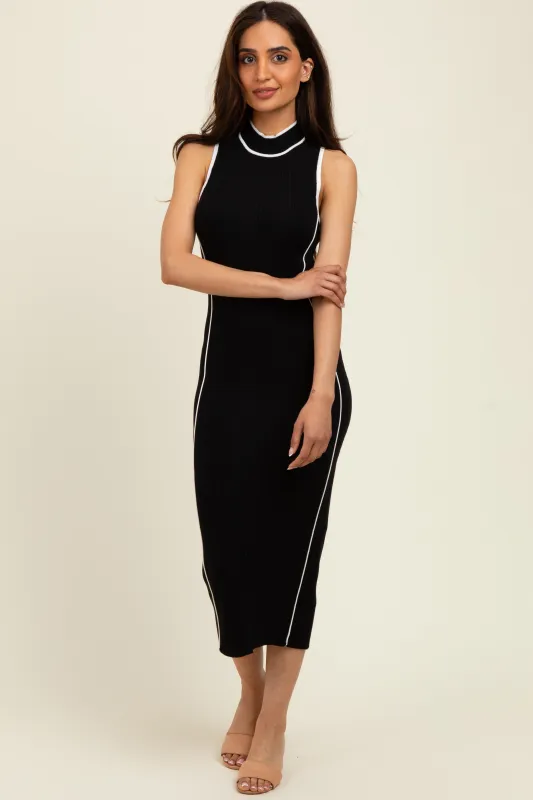 Black Ribbed Knit Contrast Detail Midi Dress sold by Pinkblush