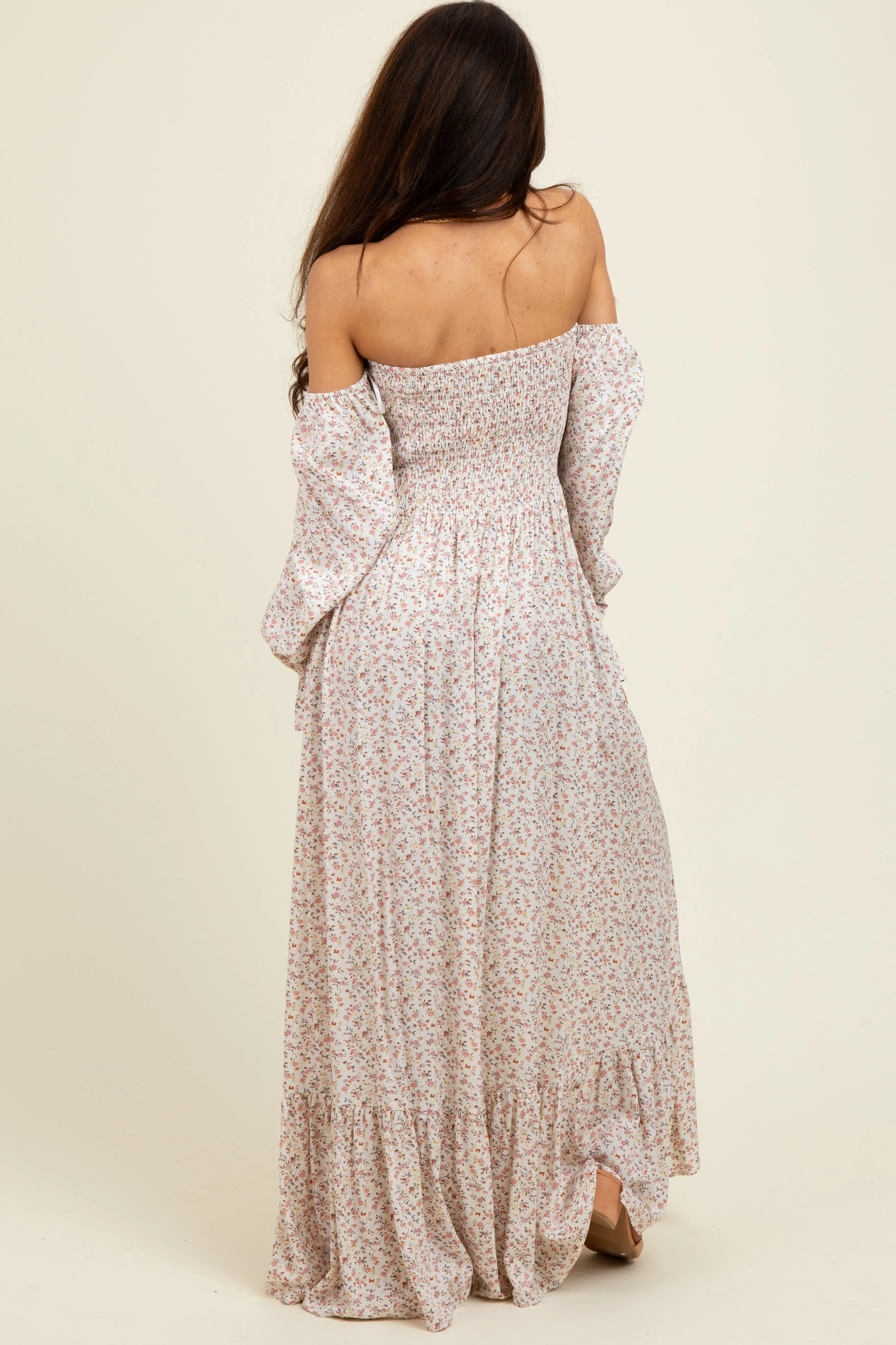 Cream Floral Smocked Off Shoulder Maxi Dress sold by Pinkblush product image thumbnail 3