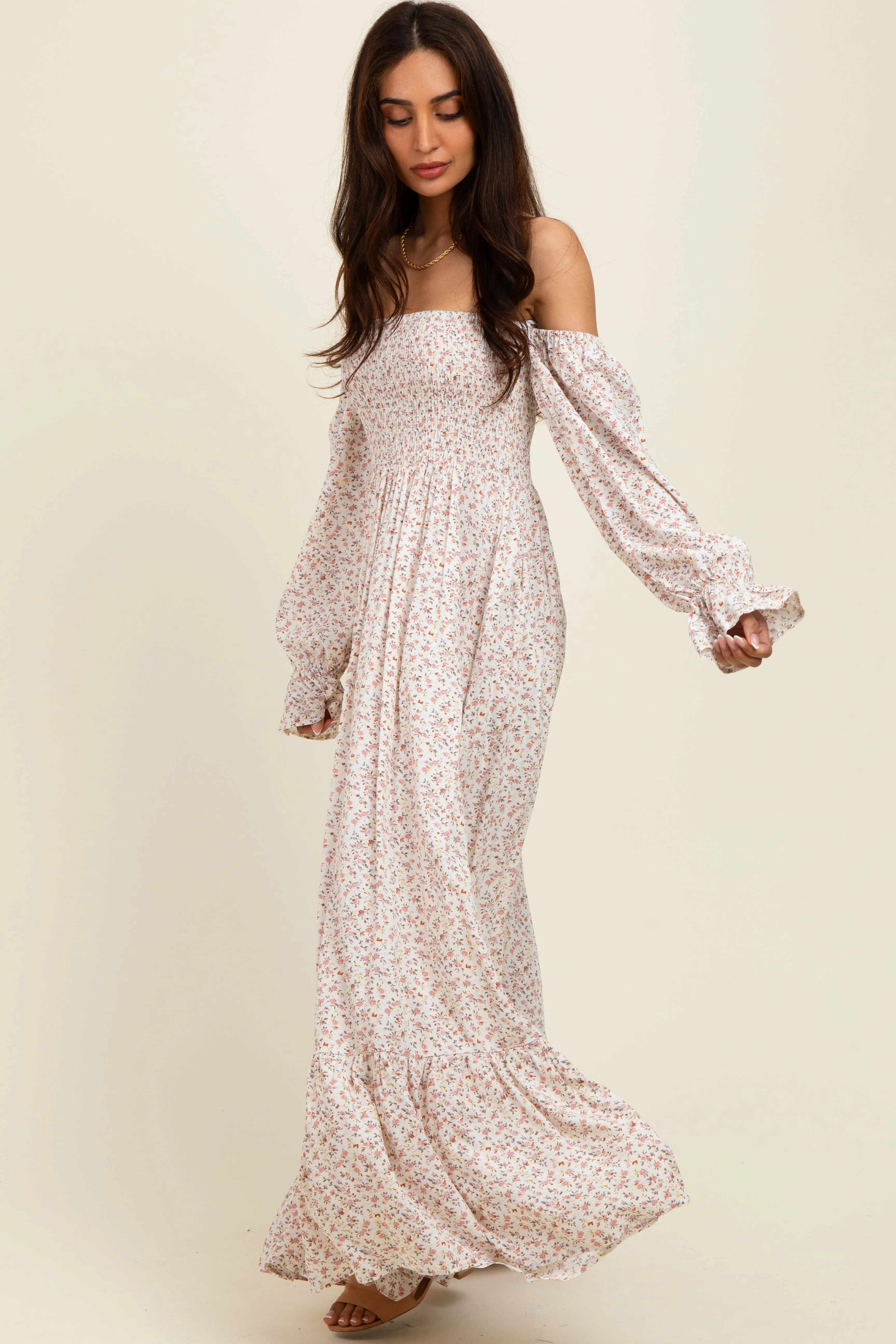 Cream Floral Smocked Off Shoulder Maxi Dress sold by Pinkblush product image thumbnail 2