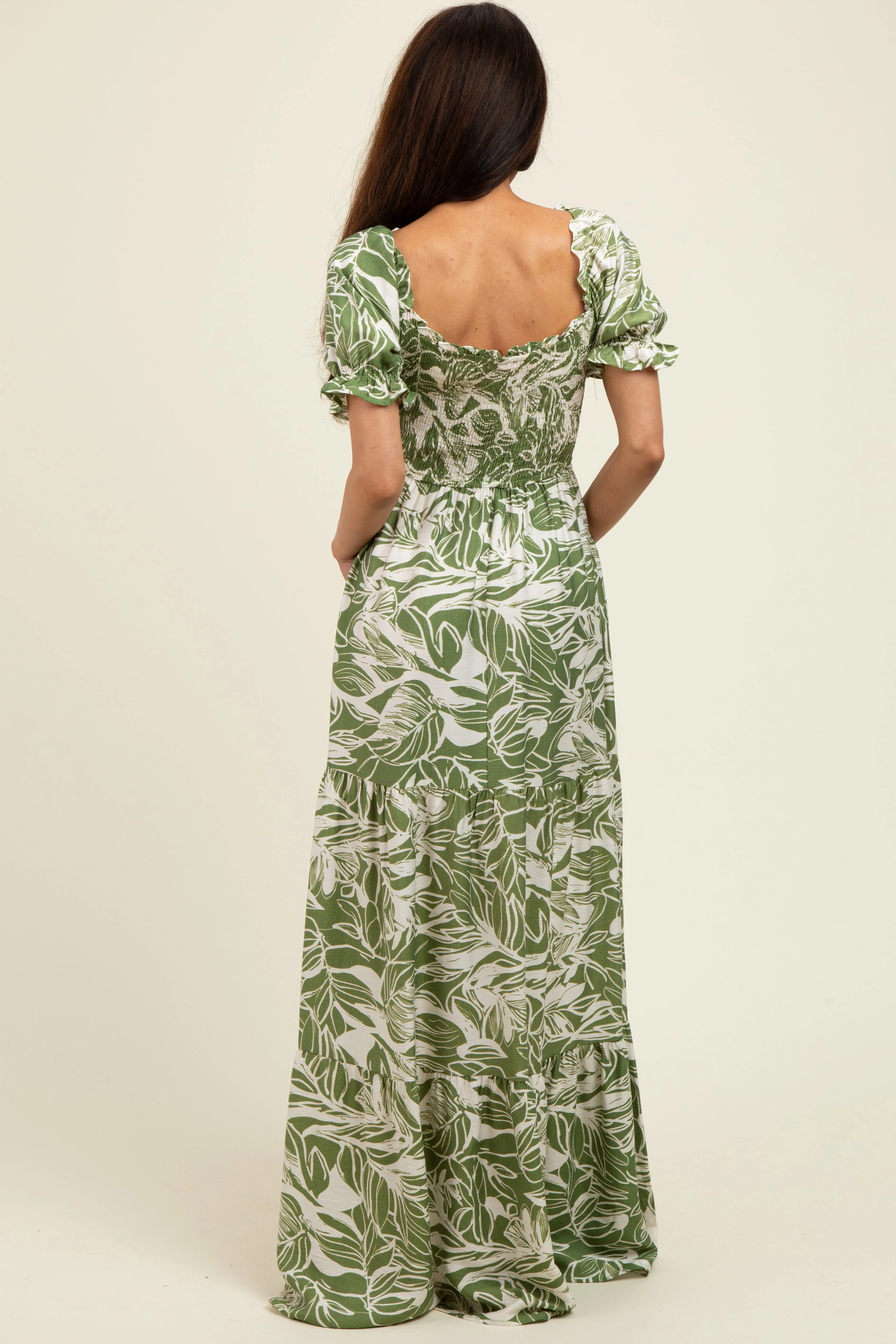 Green Tropical Print Smocked Front Tie Maxi Dress sold by Pinkblush product image thumbnail 2