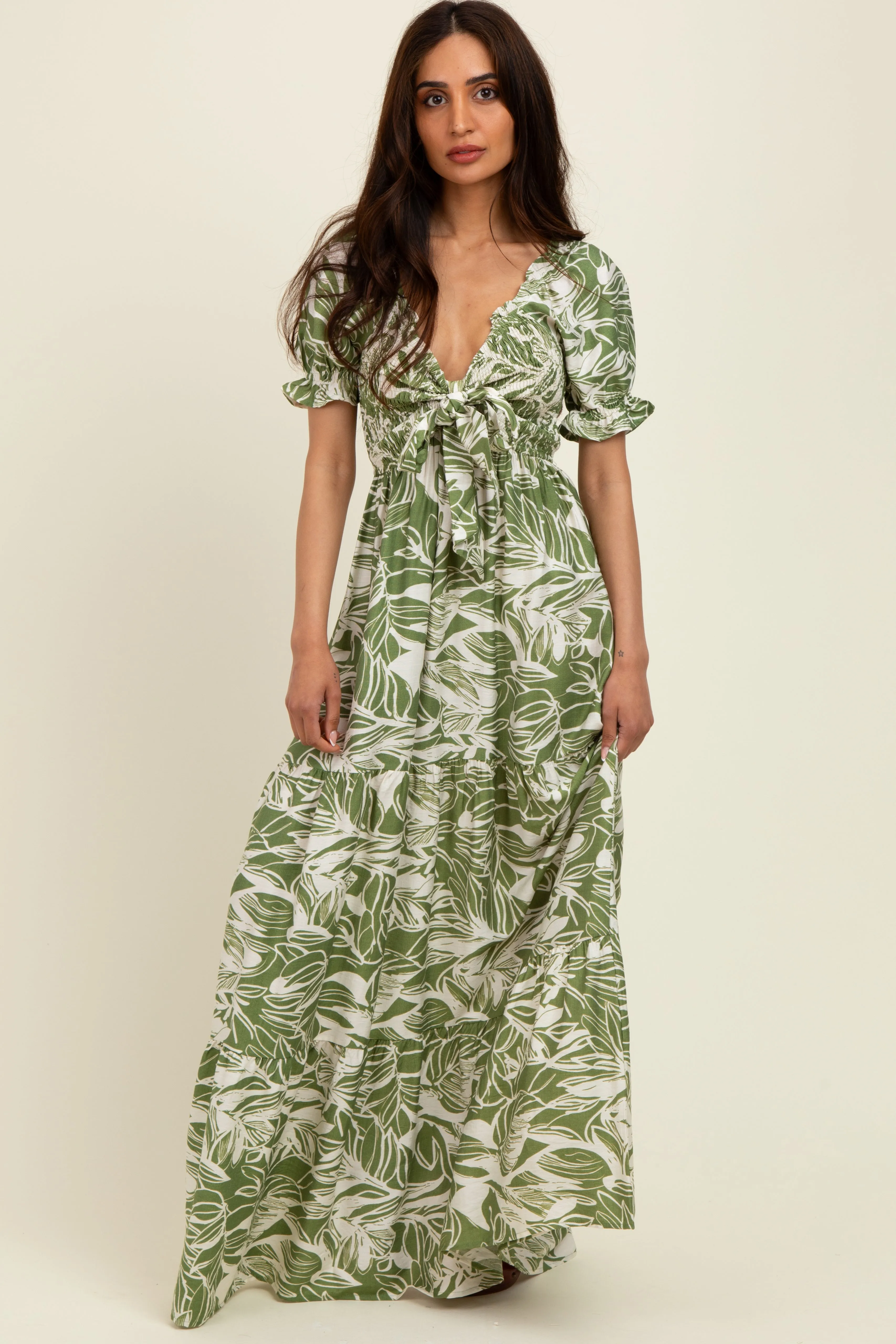Green Tropical Print Smocked Front Tie Maxi Dress sold by Pinkblush
