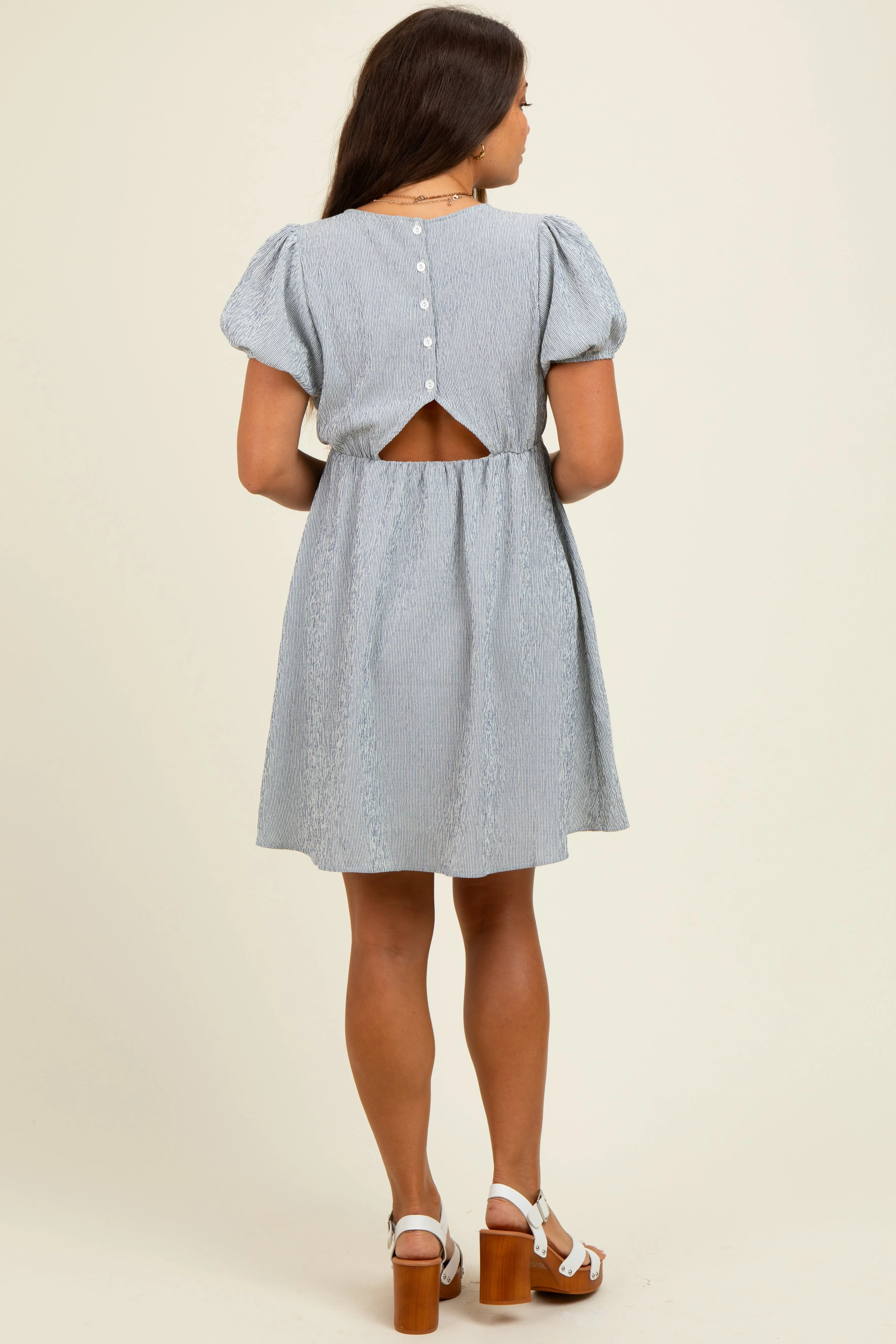 Navy Stripe Back Button Up Cutout Maternity Mini Dress sold by Pinkblush product image thumbnail 4