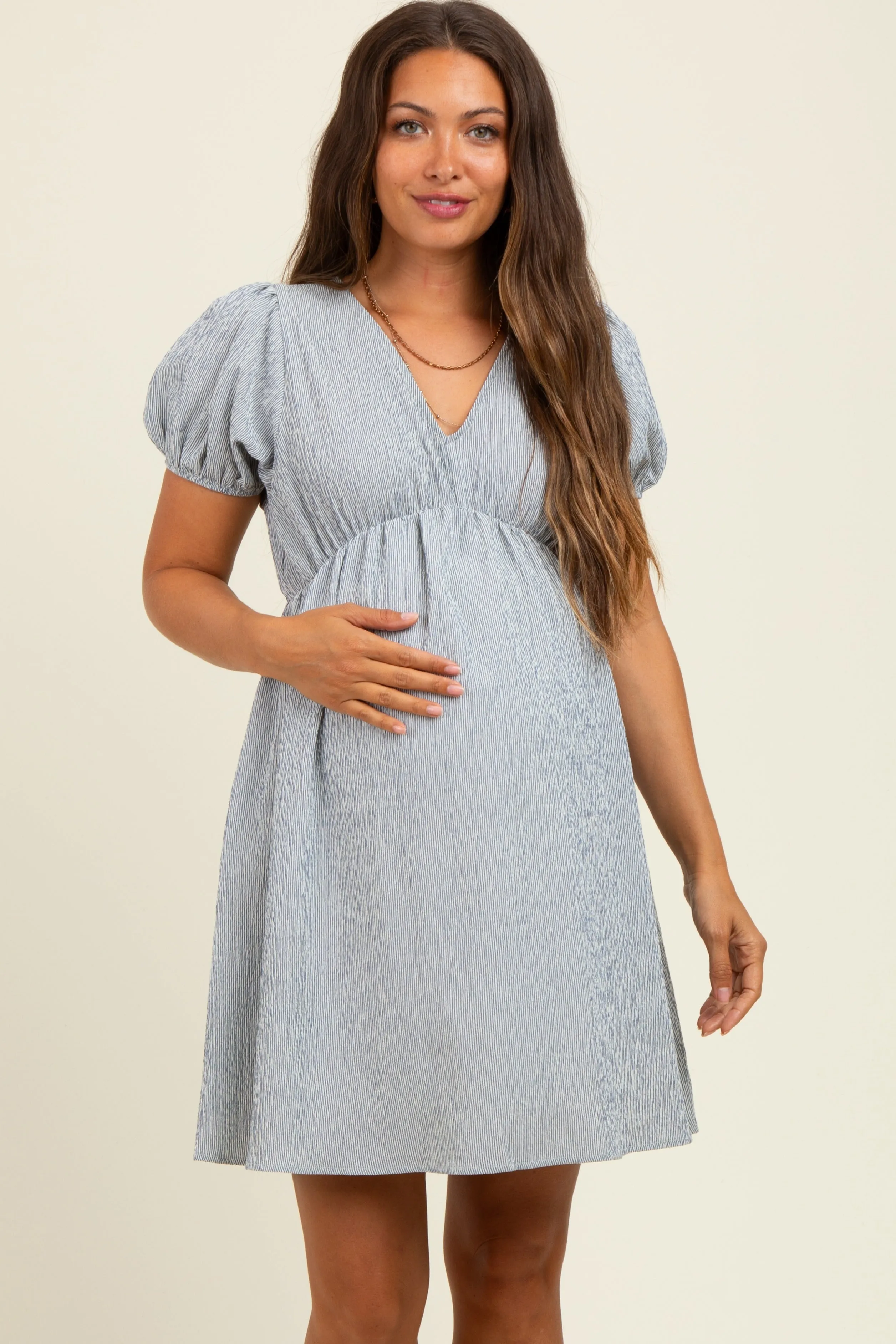 Navy Stripe Back Button Up Cutout Maternity Mini Dress sold by Pinkblush product image thumbnail 2