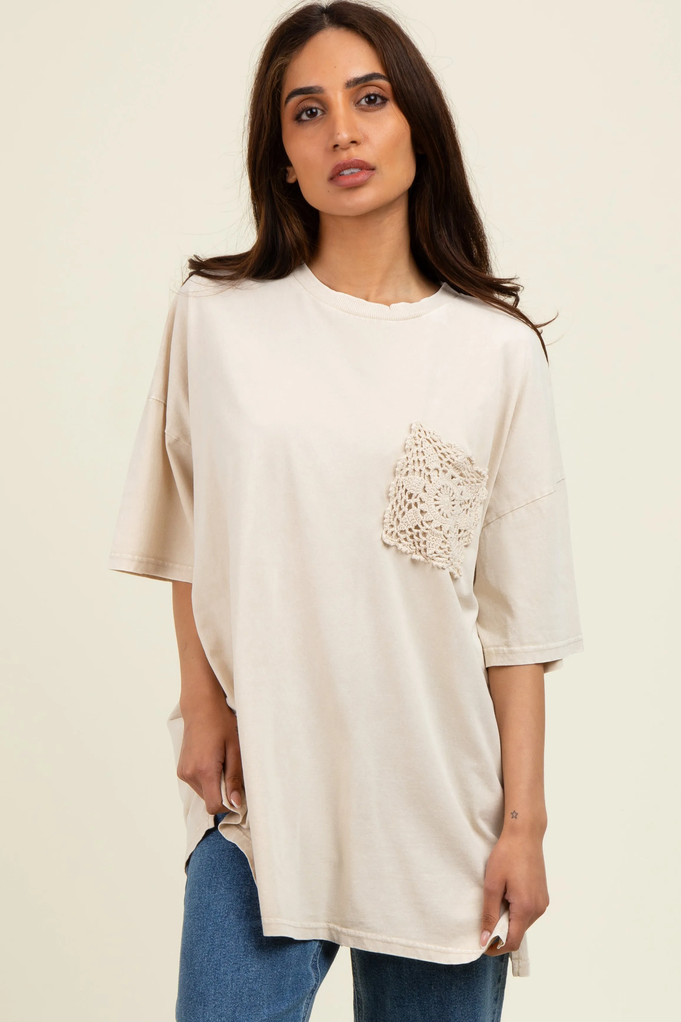 Light Beige Mineral Wash Crochet Pocket Top sold by Pinkblush
