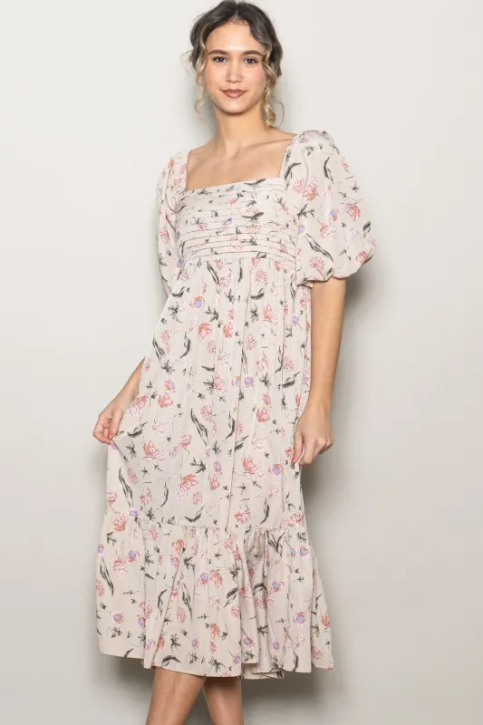 Cream Floral Pleated Bodice 3/4 Sleeve Midi Dress sold by Pinkblush