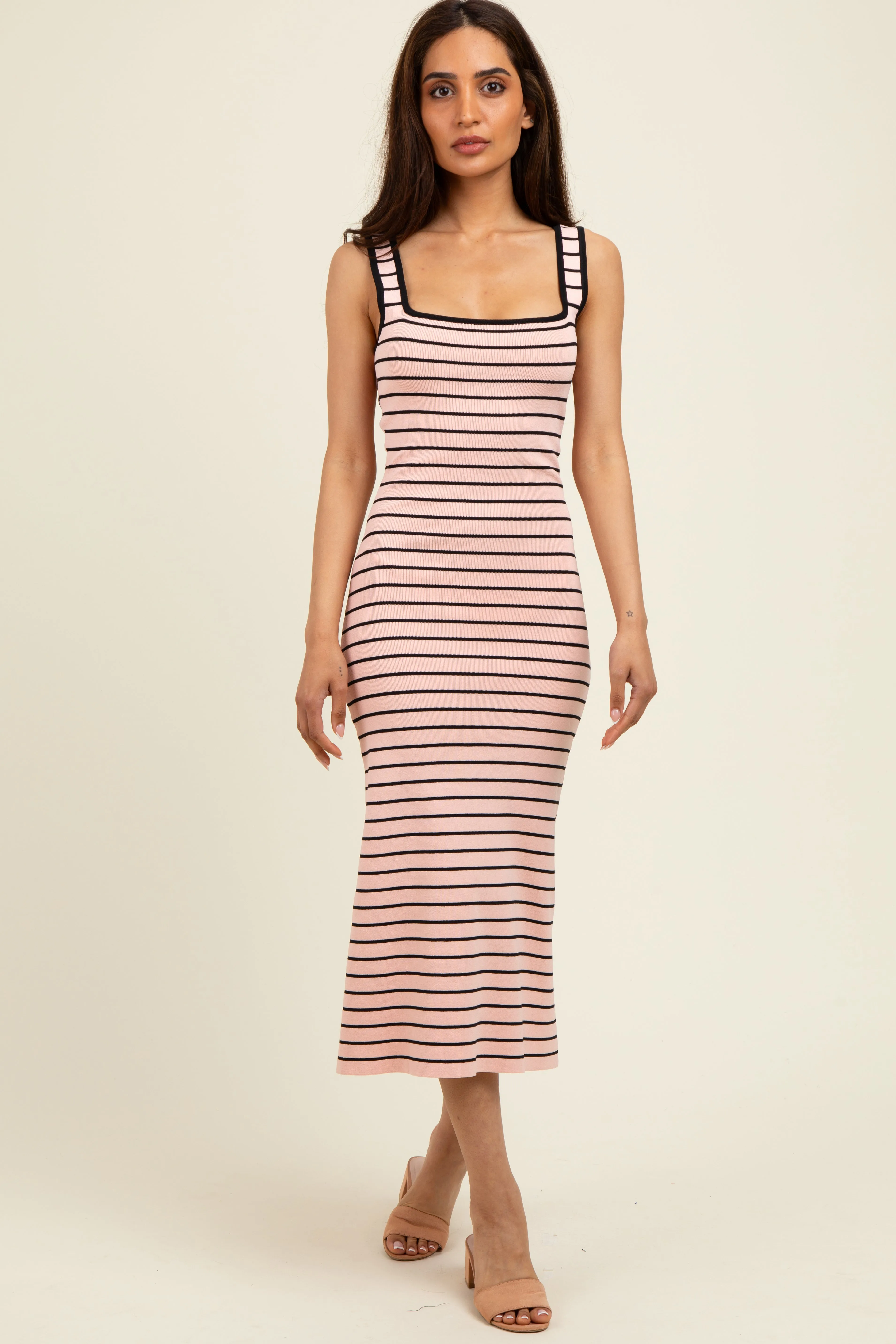 Light Pink Striped Knit Square Neck Midi Dress sold by Pinkblush product image thumbnail 2