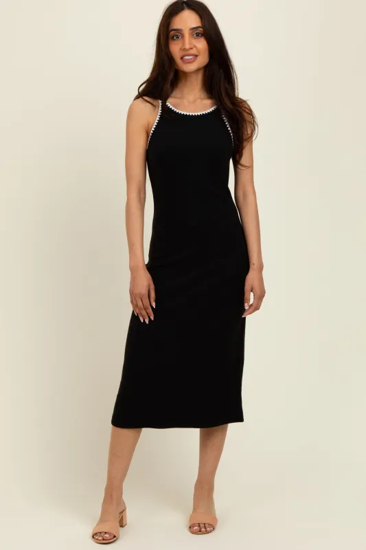 Black Ribbed Knit Embroidered Midi Dress sold by Pinkblush