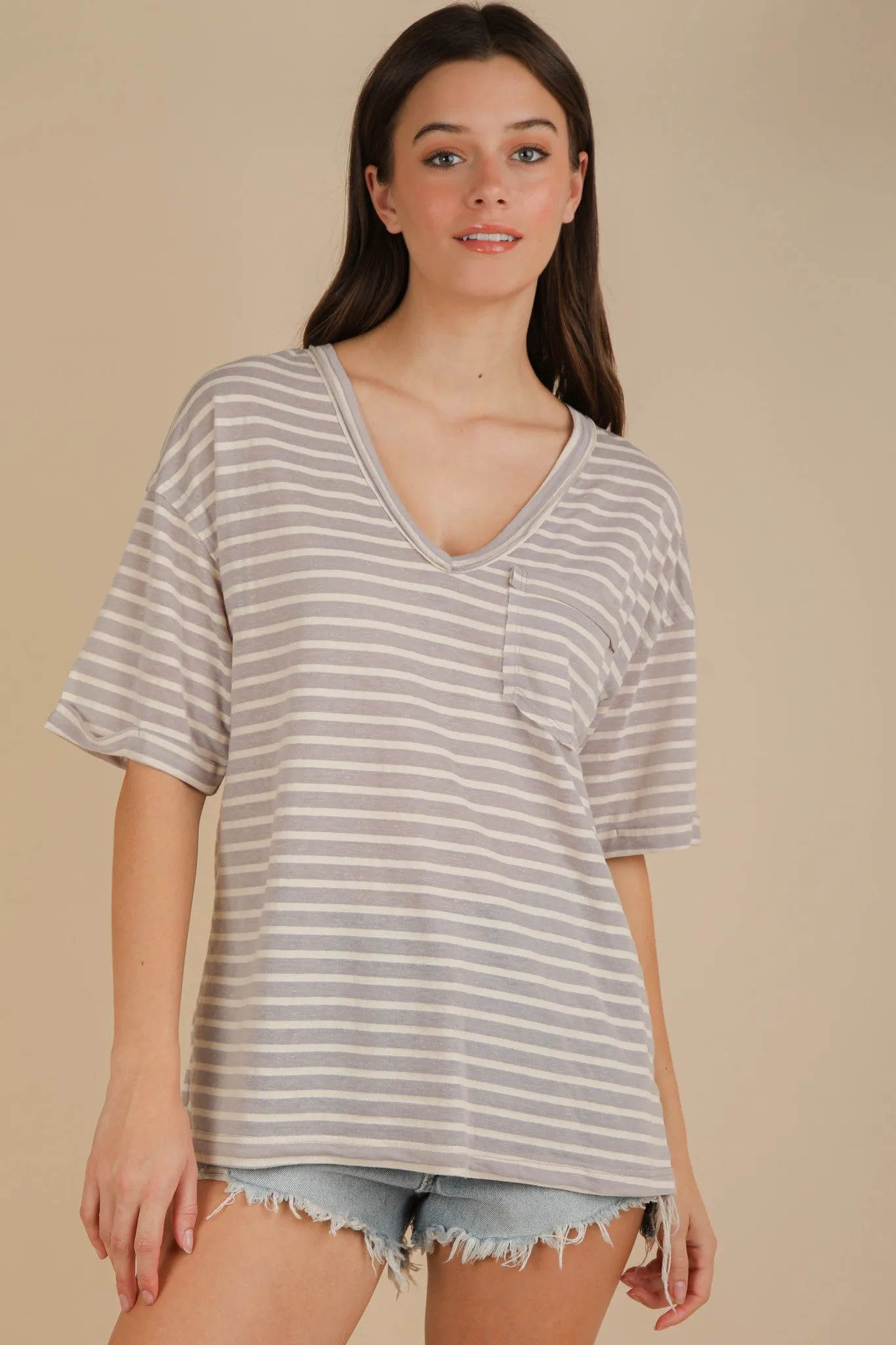 Grey Striped Oversized V-Neck Front Pocket Maternity T-Shirt sold by Pinkblush product image thumbnail 4
