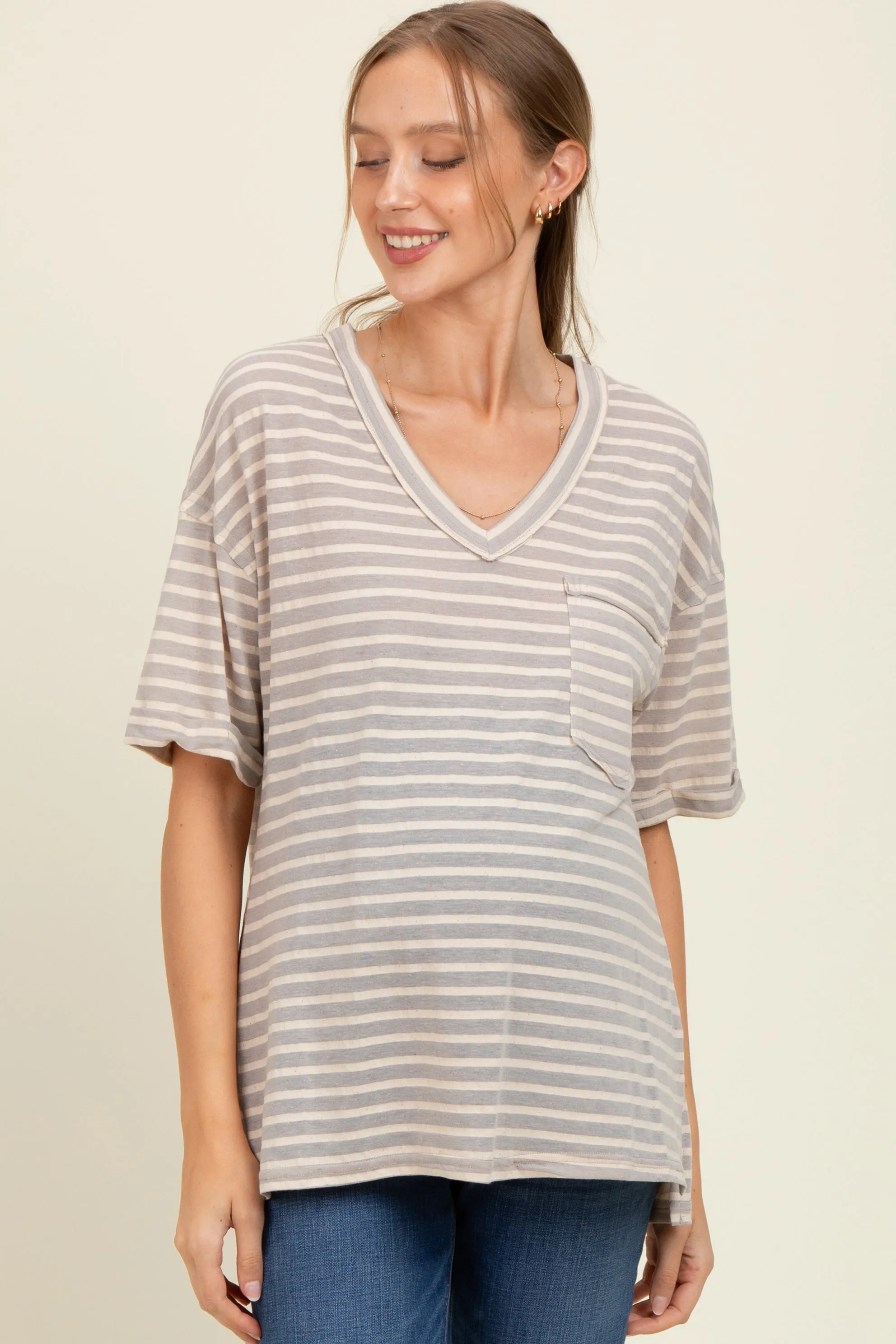 Grey Striped Oversized V-Neck Front Pocket Maternity T-Shirt sold by Pinkblush product image thumbnail 2