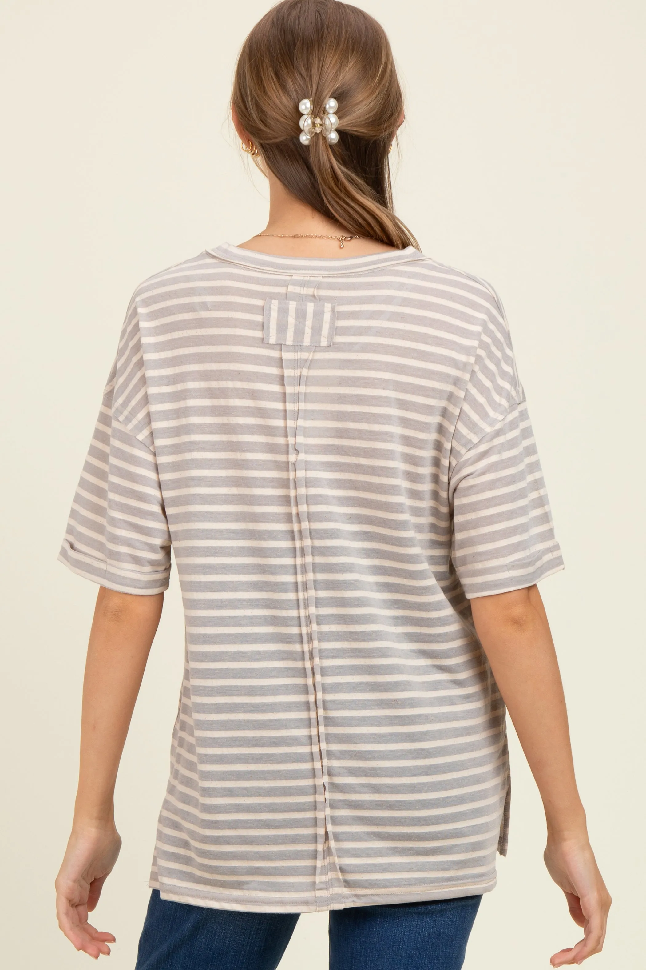 Grey Striped Oversized V-Neck Front Pocket Maternity T-Shirt sold by Pinkblush product image thumbnail 3