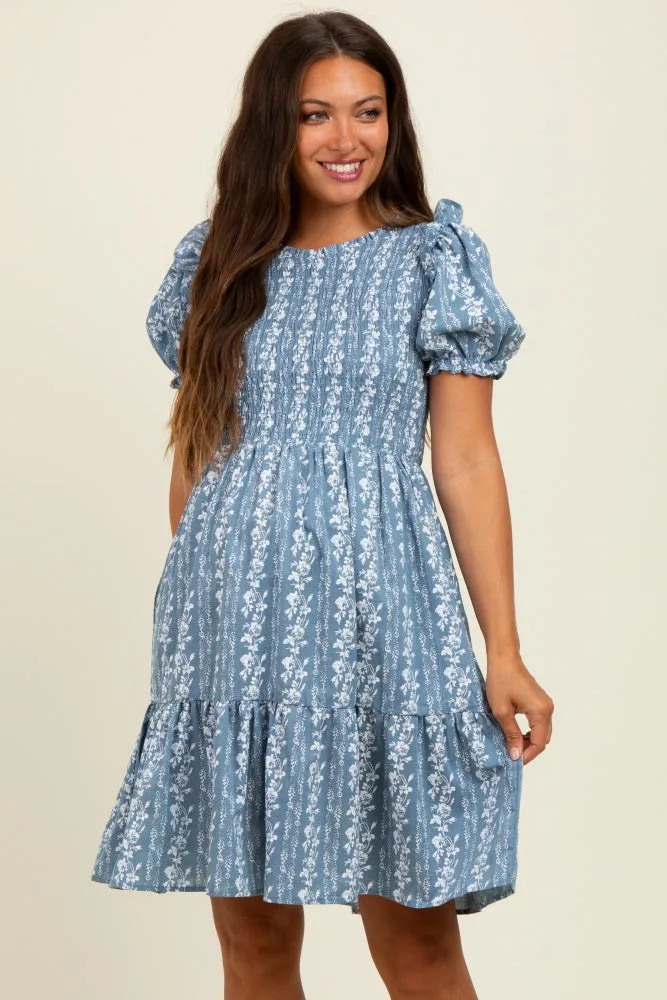 Blue Floral Smocked Ruffle Accent Maternity Dress sold by Pinkblush product image thumbnail 2