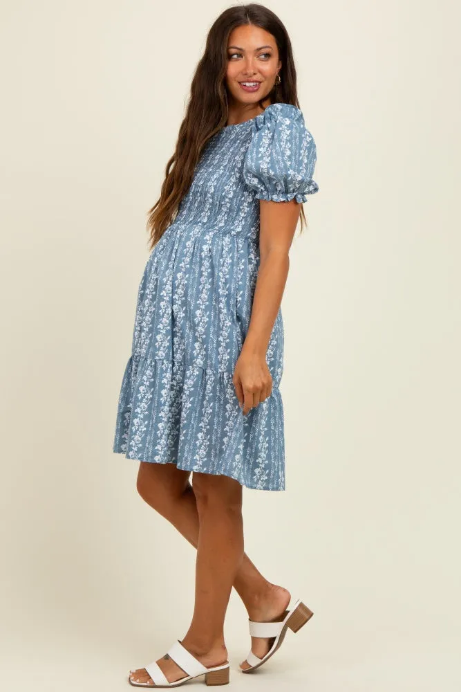 Blue Floral Smocked Ruffle Accent Maternity Dress sold by Pinkblush product image thumbnail 3