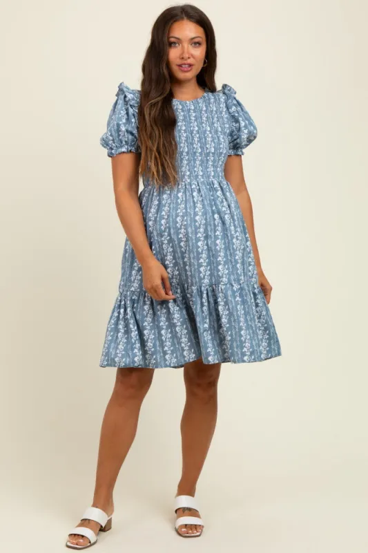 Blue Floral Smocked Ruffle Accent Maternity Dress sold by Pinkblush