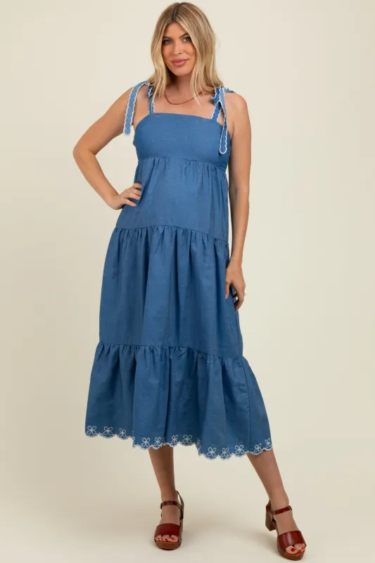 Denim Tiered Maternity Midi Dress sold by Pinkblush