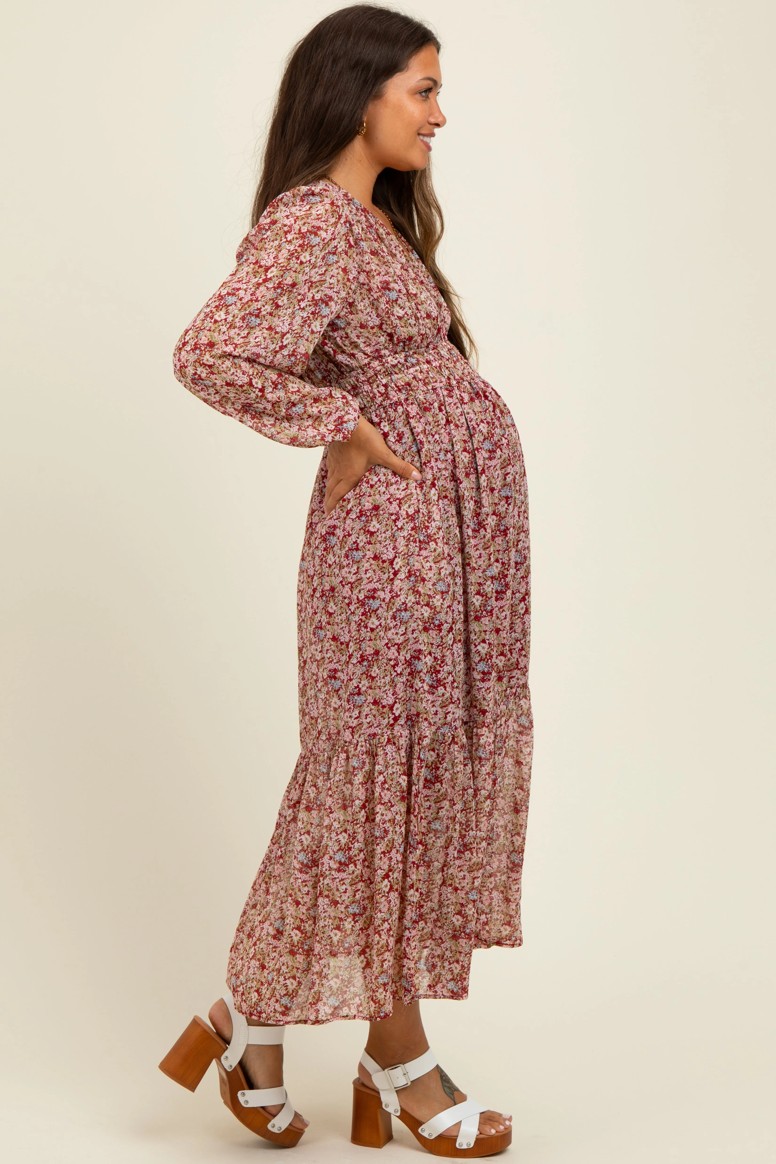 Burgundy Floral Smocked Waist Maternity Maxi Dress sold by Pinkblush product image thumbnail 3