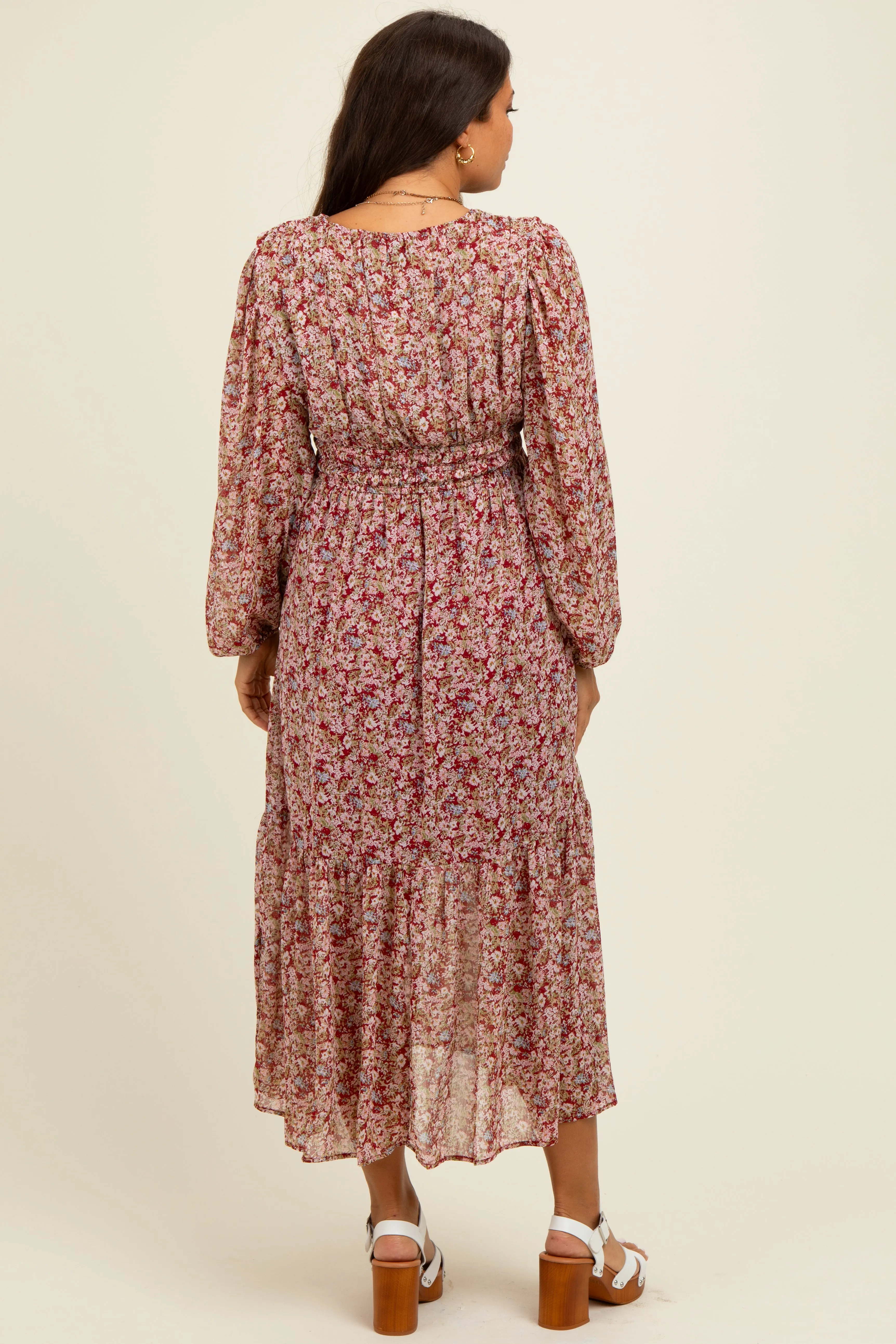 Burgundy Floral Smocked Waist Maternity Maxi Dress sold by Pinkblush product image thumbnail 4