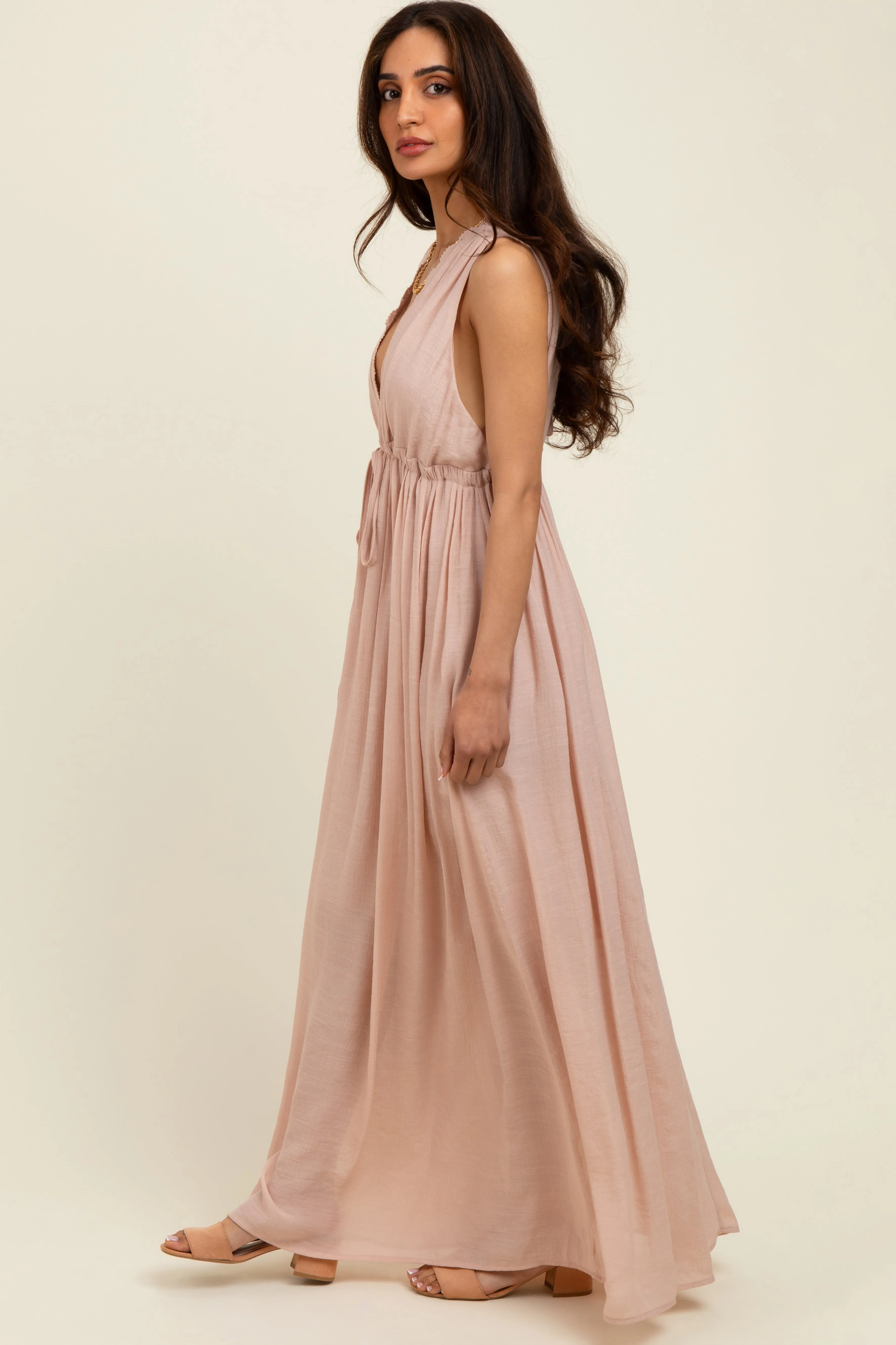 Light Pink Deep V-Neck Sleeveless Button Down Maxi Dress sold by Pinkblush