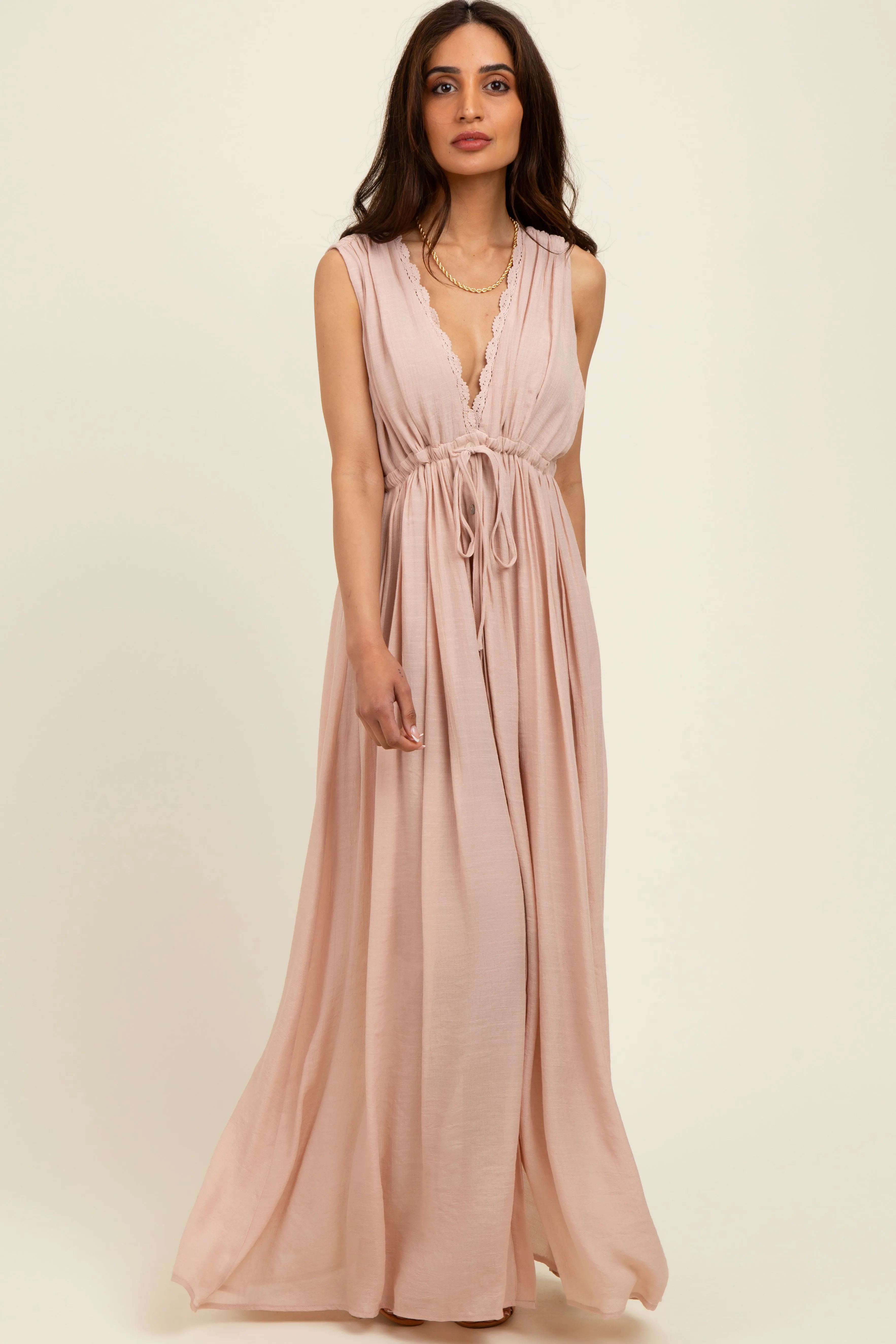 Light Pink Deep V-Neck Sleeveless Button Down Maxi Dress sold by Pinkblush product image thumbnail 2