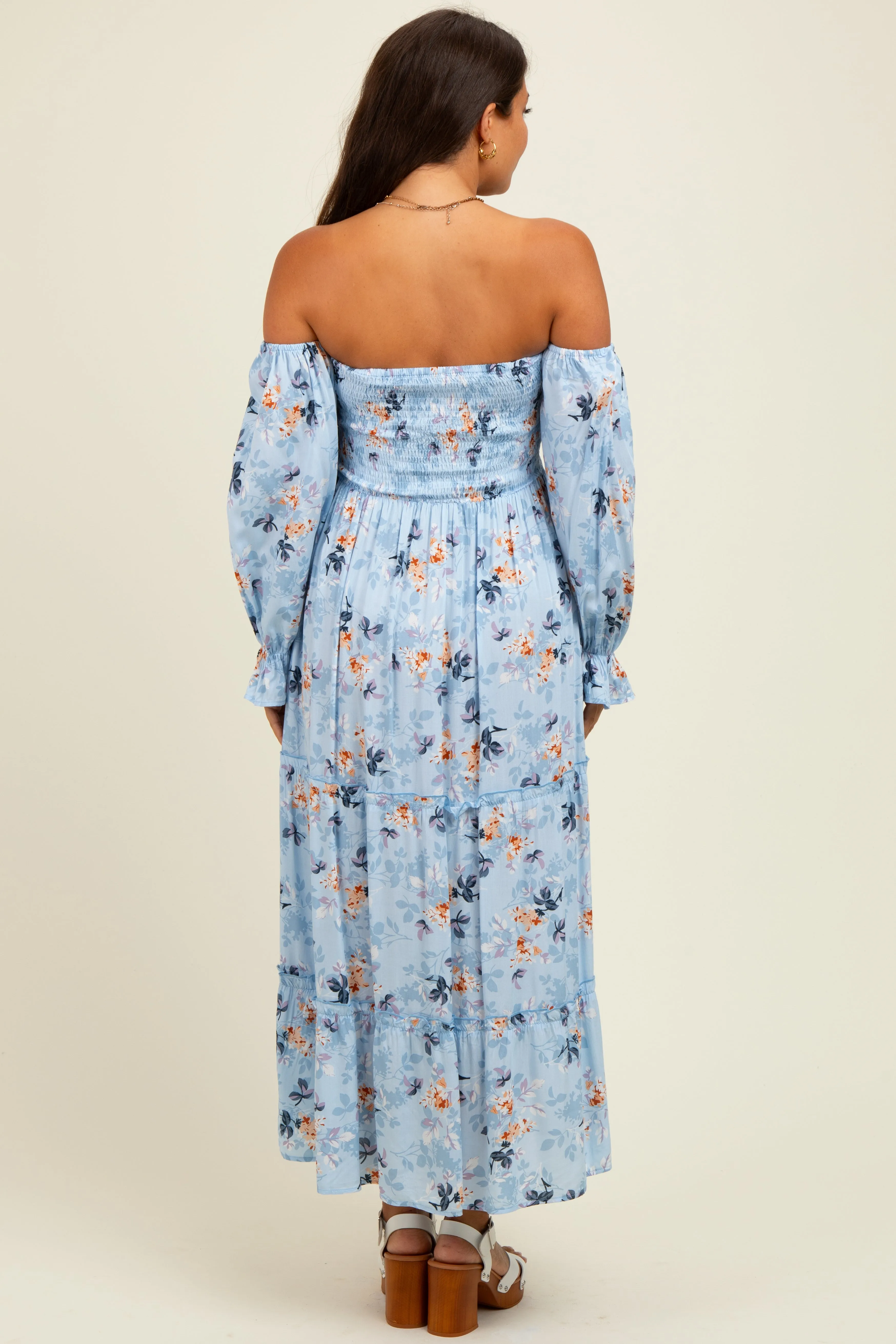 Light Blue Floral Off Shoulder Long Sleeve Maternity Maxi Dress sold by Pinkblush product image thumbnail 4