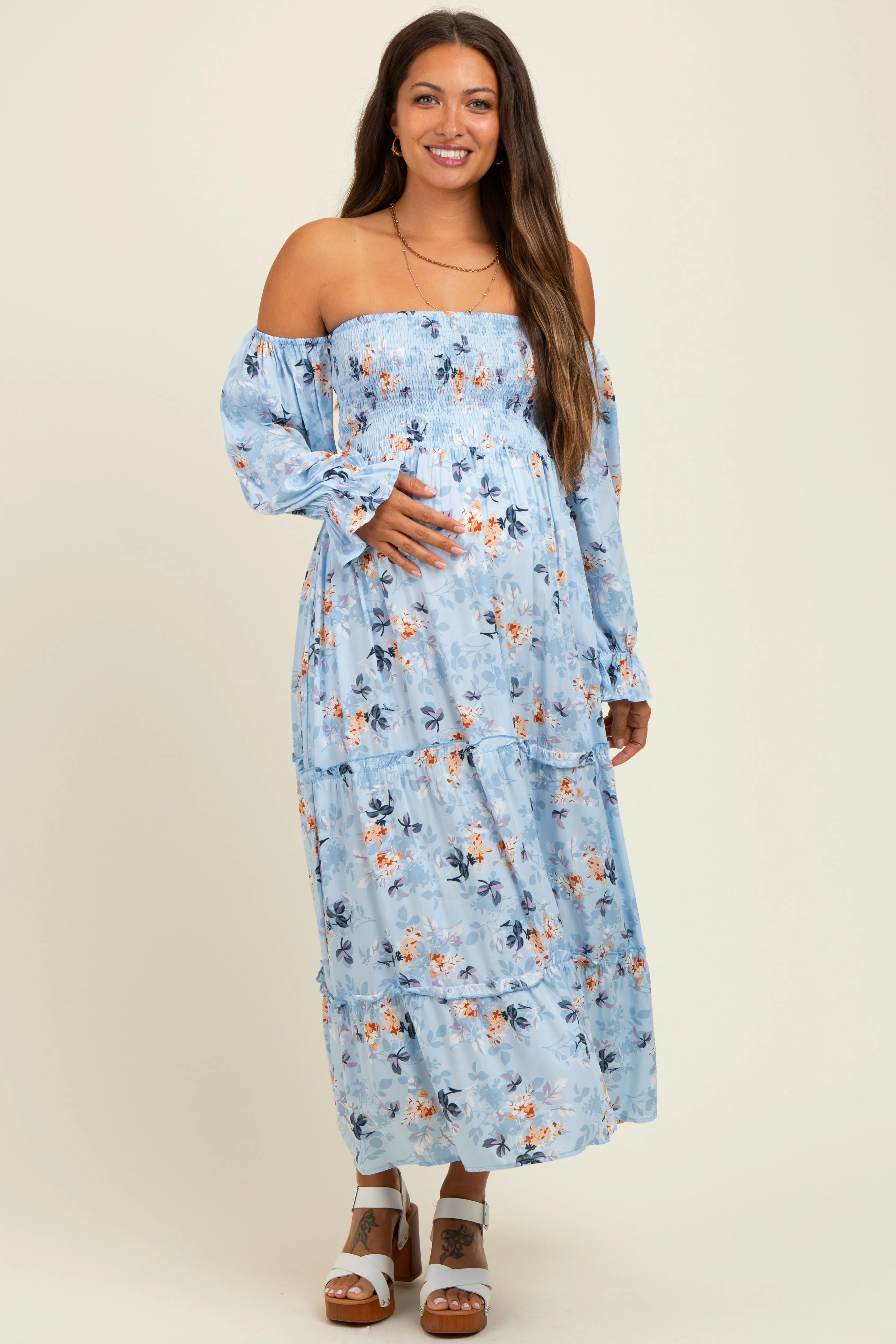 Light Blue Floral Off Shoulder Long Sleeve Maternity Maxi Dress sold by Pinkblush