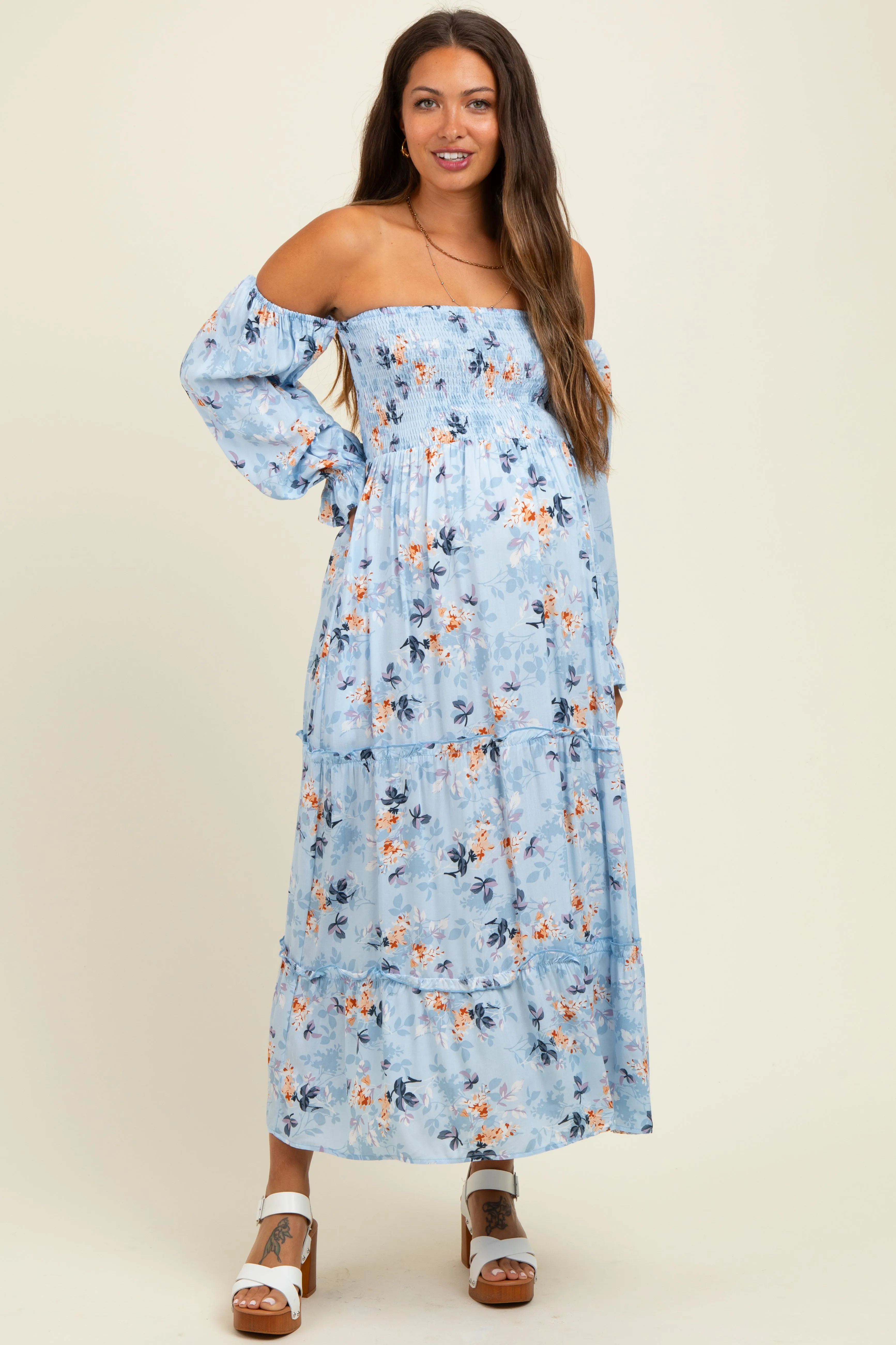 Light Blue Floral Off Shoulder Long Sleeve Maternity Maxi Dress sold by Pinkblush product image thumbnail 2