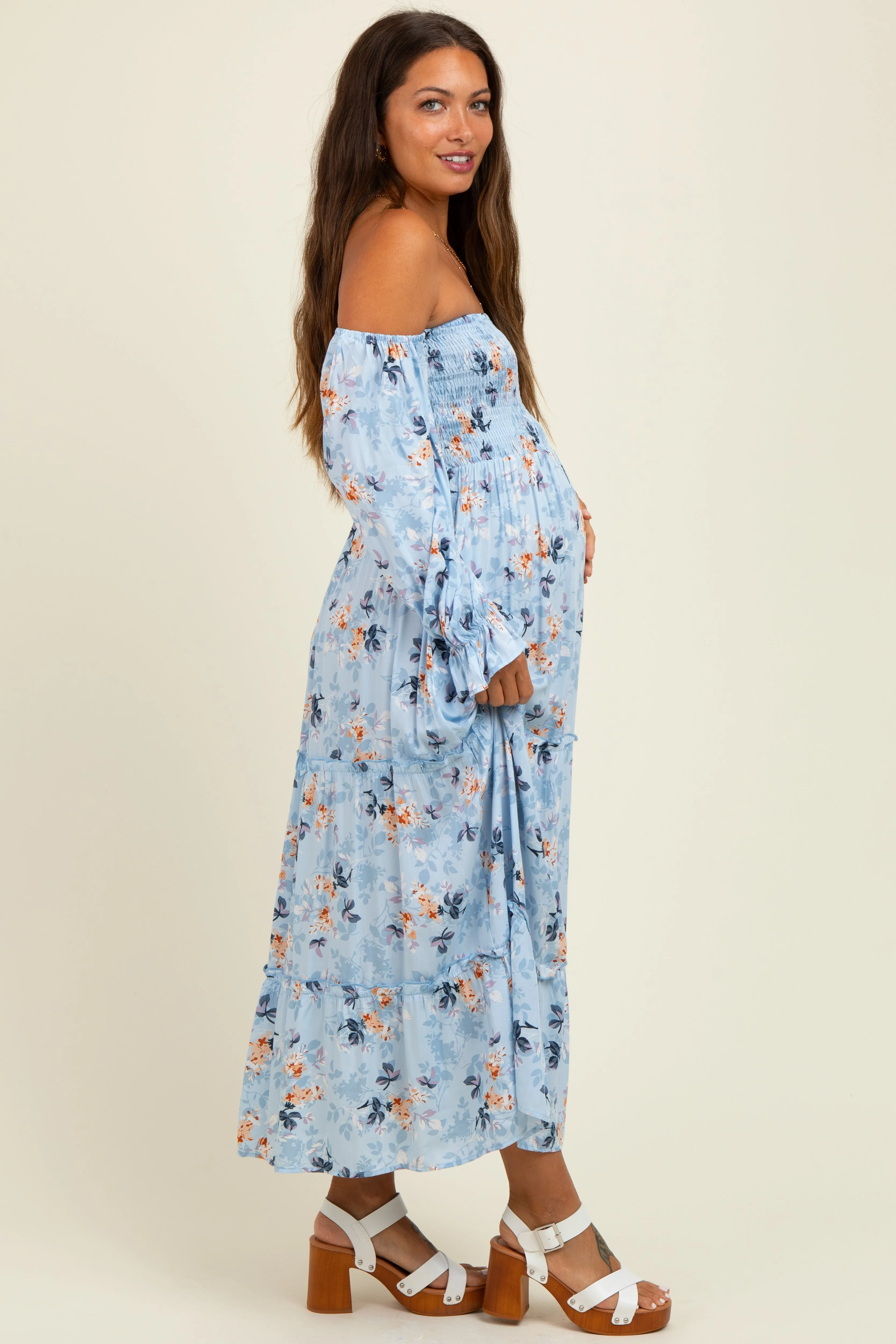 Light Blue Floral Off Shoulder Long Sleeve Maternity Maxi Dress sold by Pinkblush product image thumbnail 3