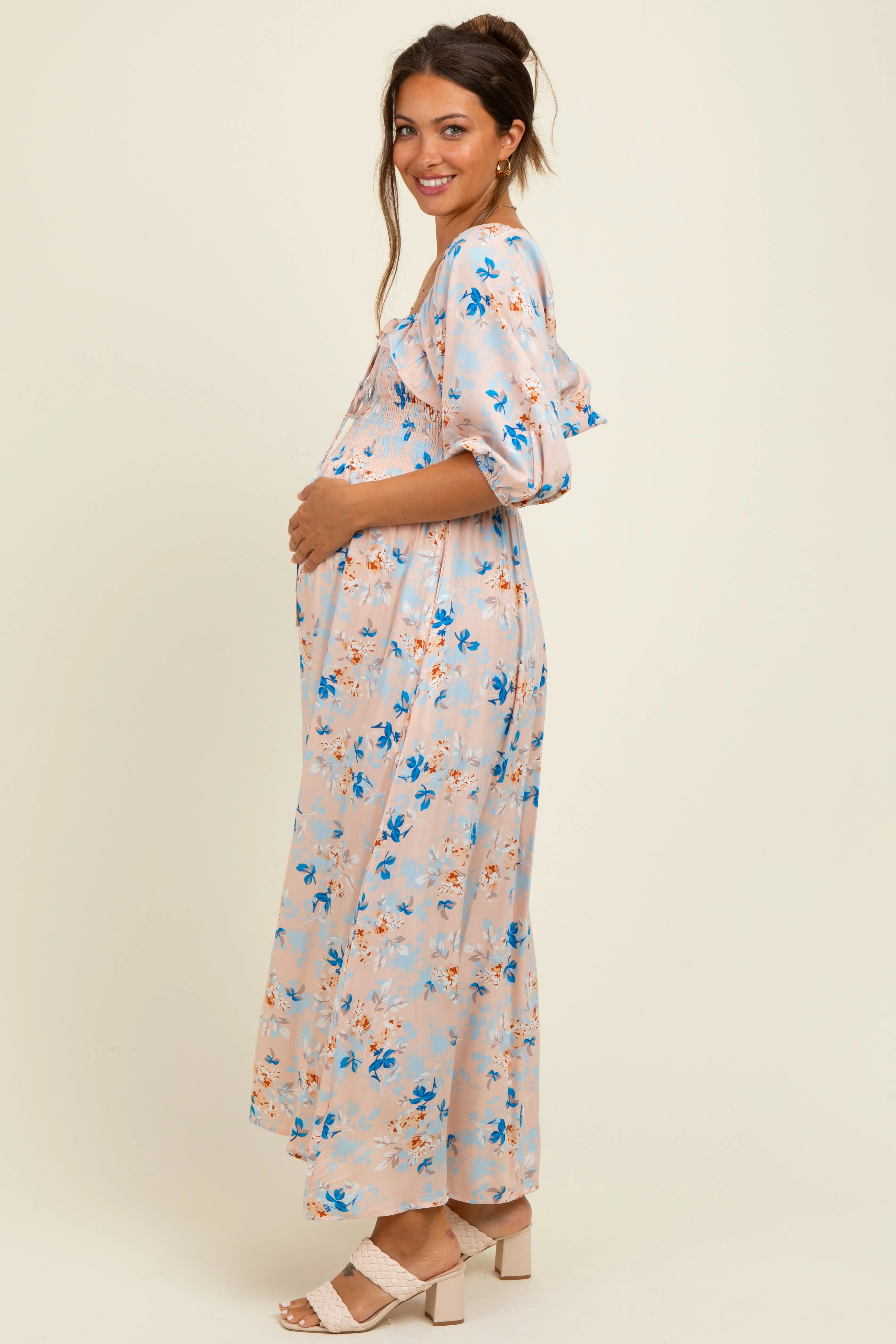 Peach Floral Smocked Front Tie Maternity Maxi Dress sold by Pinkblush product image thumbnail 3