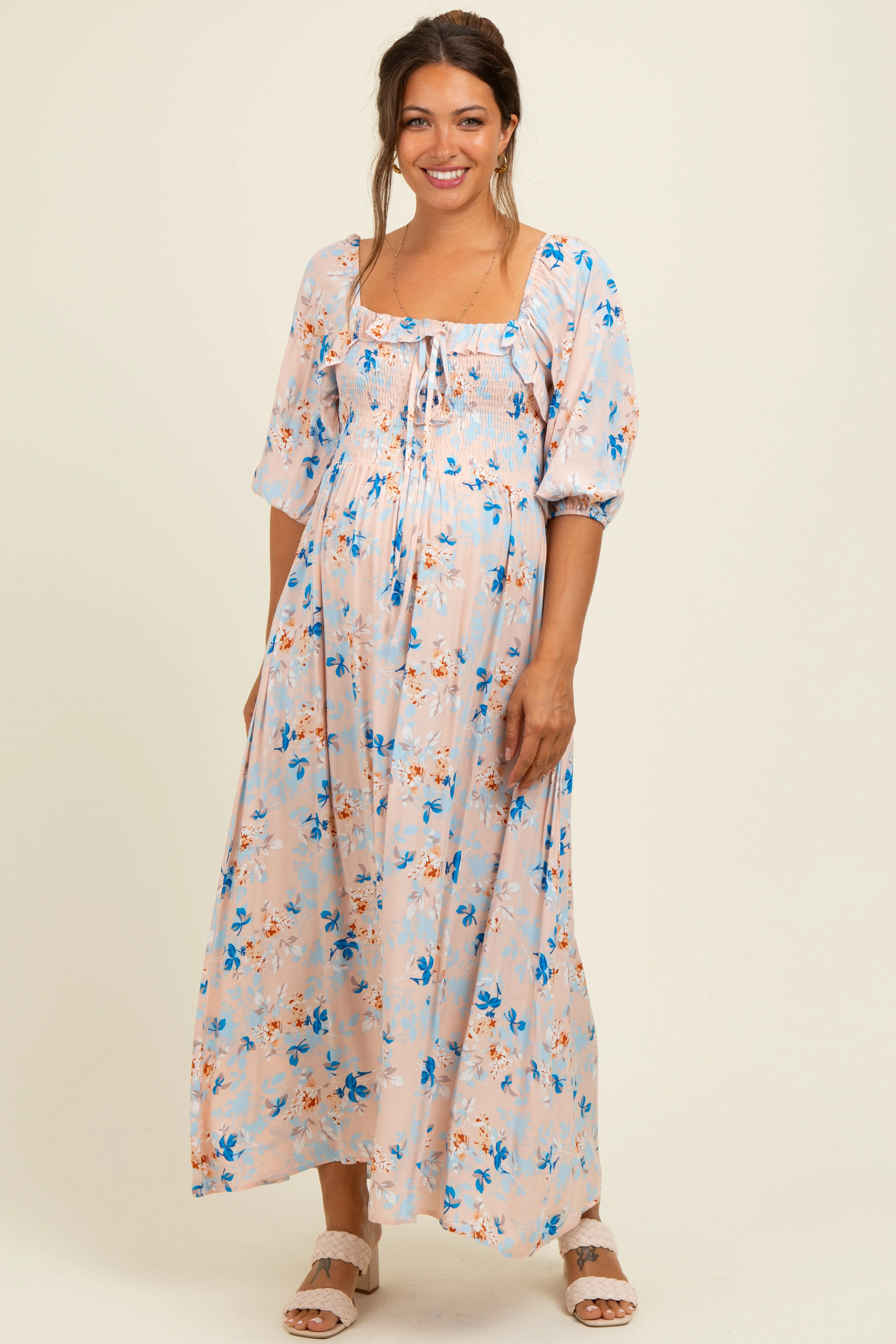 Peach Floral Smocked Front Tie Maternity Maxi Dress sold by Pinkblush