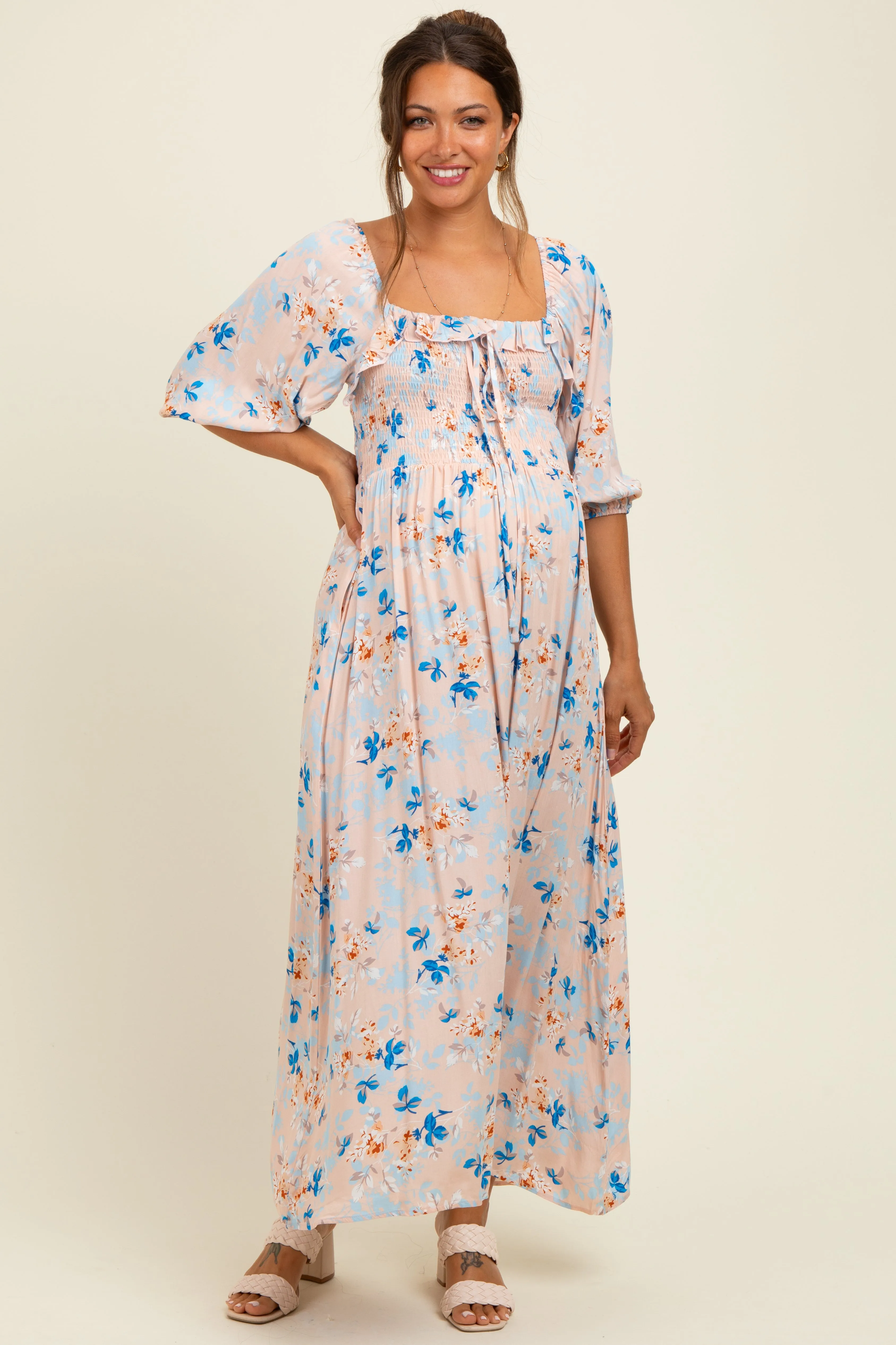 Peach Floral Smocked Front Tie Maternity Maxi Dress sold by Pinkblush product image thumbnail 2