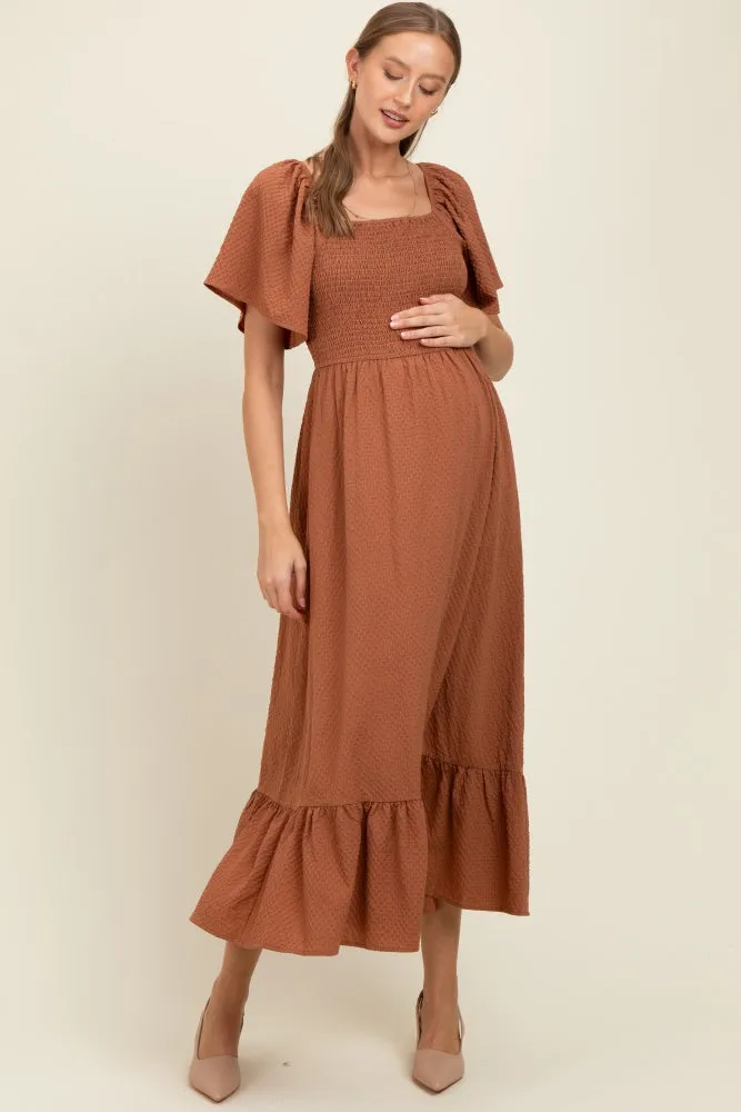 Camel Convertible Stretchy Smocked Maternity Maxi Dress sold by Pinkblush
