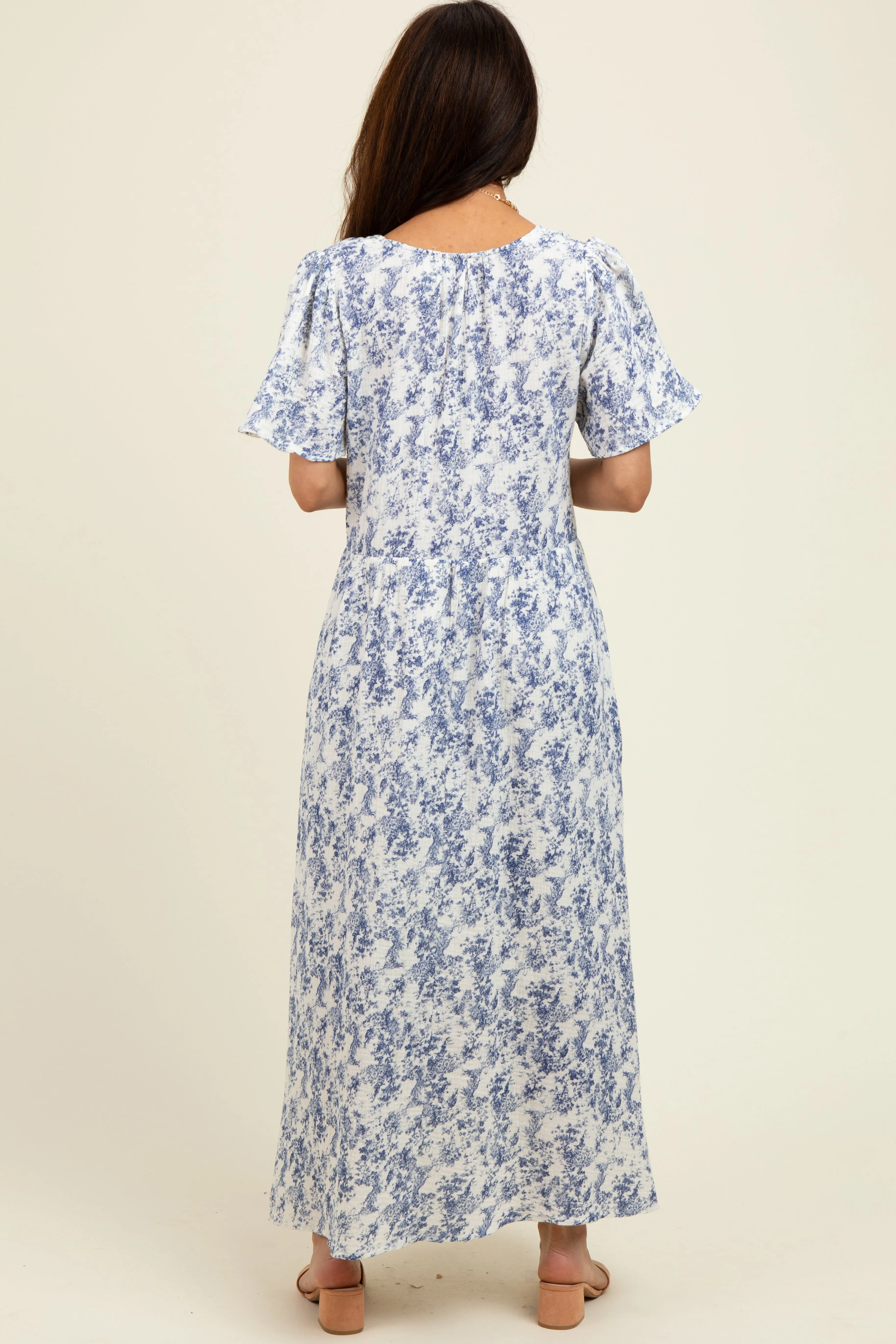 Blue Floral Button Up Tiered Midi Dress sold by Pinkblush product image thumbnail 3