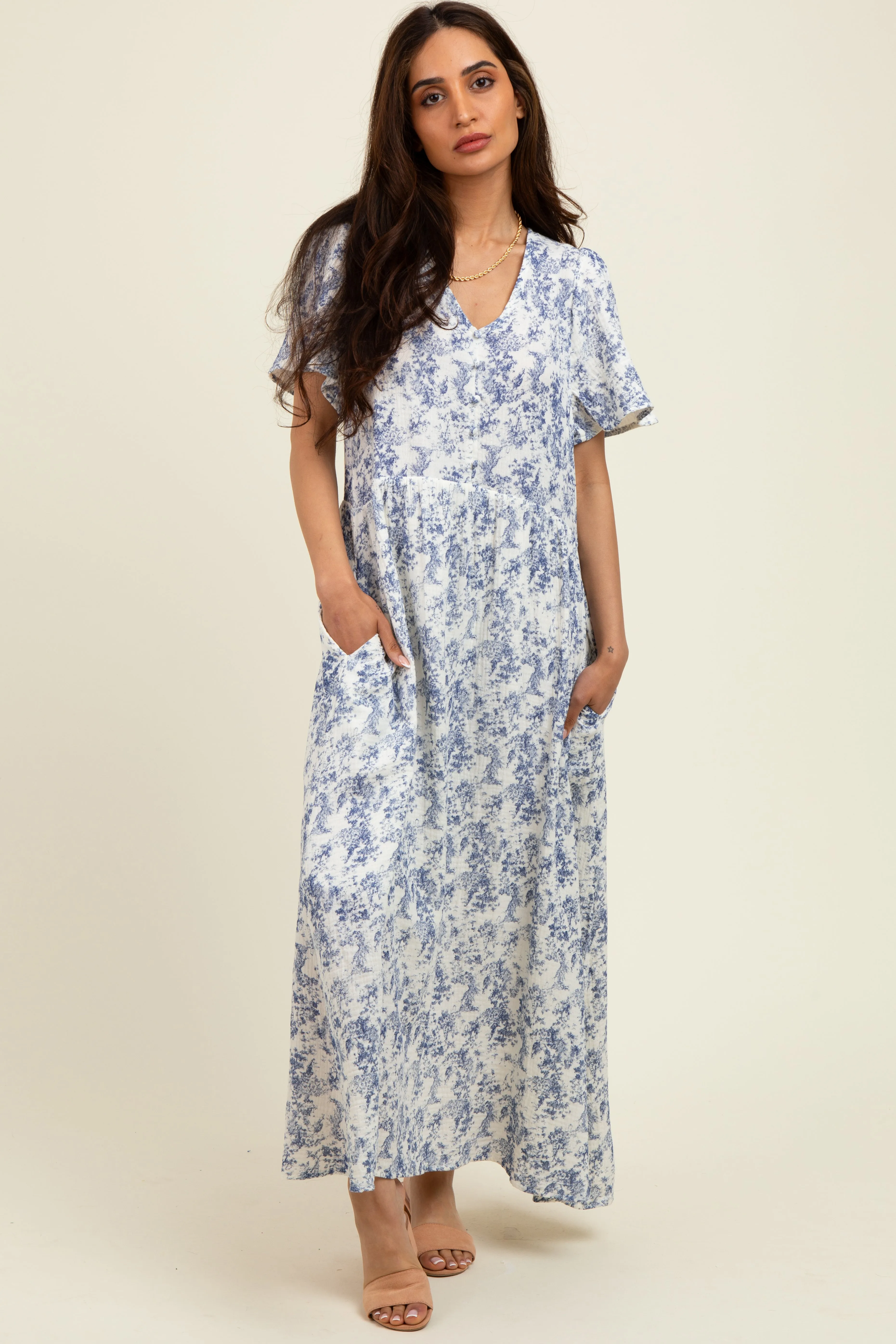 Blue Floral Button Up Tiered Midi Dress sold by Pinkblush