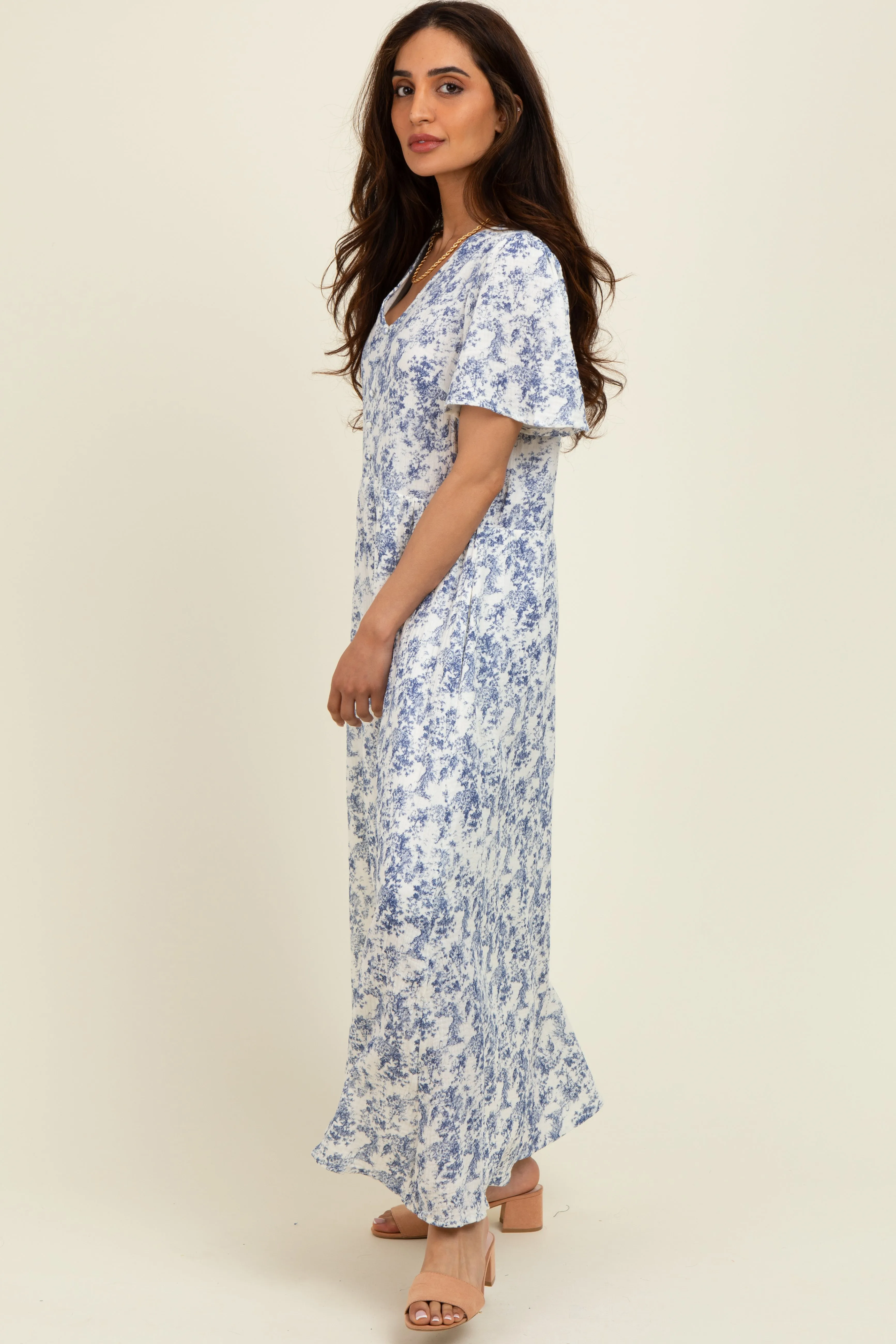 Blue Floral Button Up Tiered Midi Dress sold by Pinkblush product image thumbnail 2