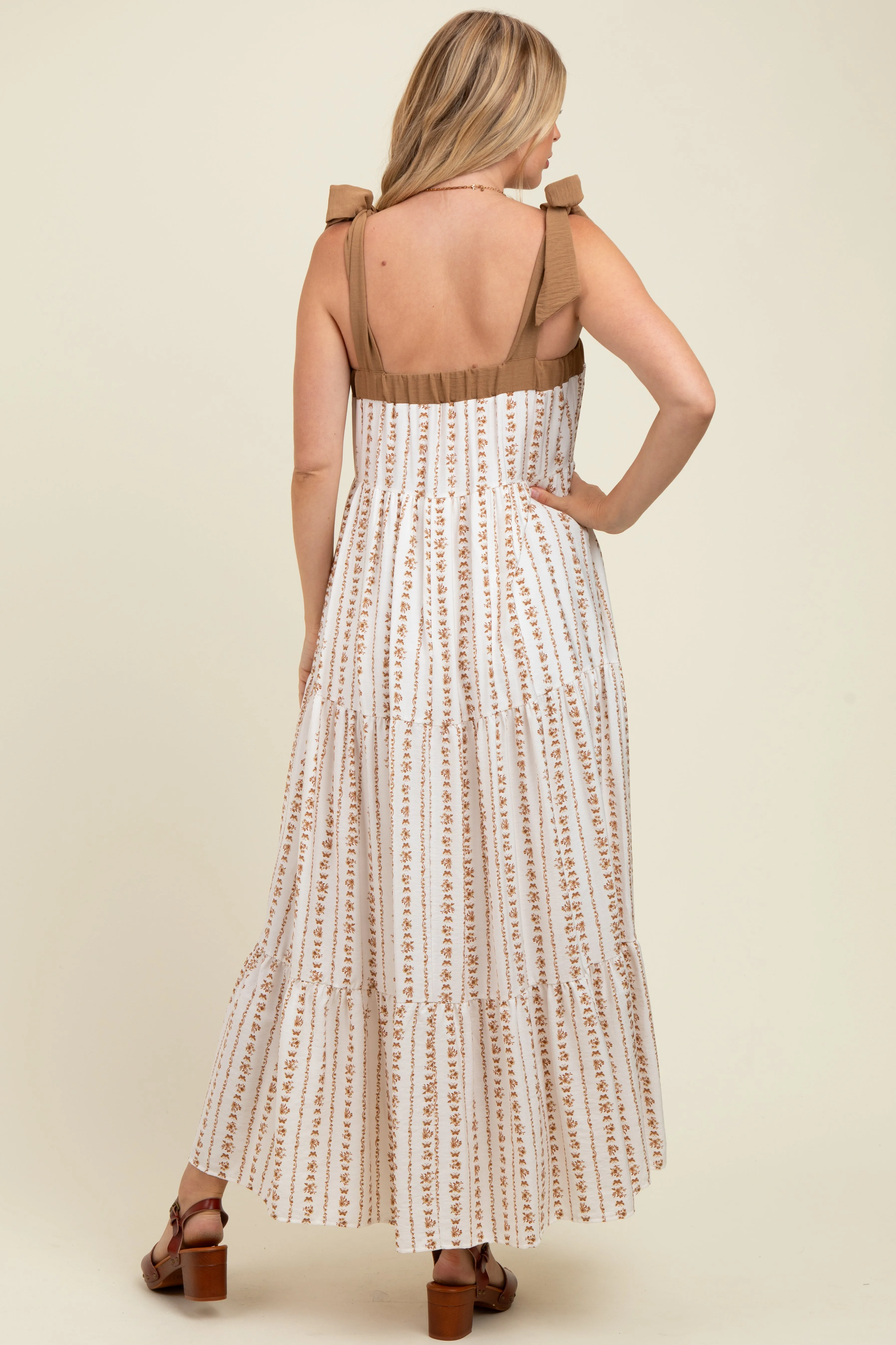 Mocha/White Ditzy Floral Sleeveless Tiered Maternity Maxi Dress sold by Pinkblush product image thumbnail 3