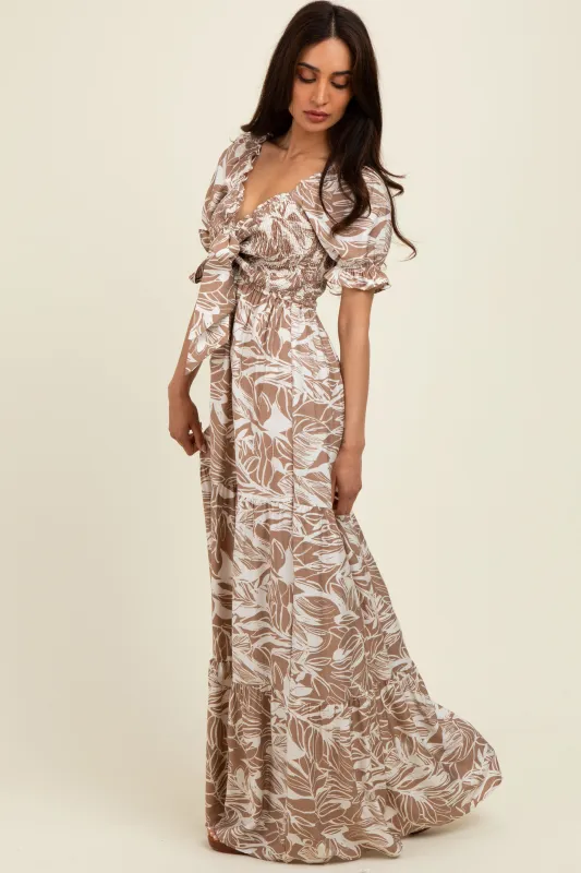Taupe Tropical Print Smocked Front Tie Maxi Dress sold by Pinkblush