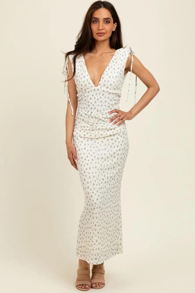 Cream Floral V-Neck Shoulder Tie Maternity Midi Dress sold by Pinkblush product image thumbnail 5